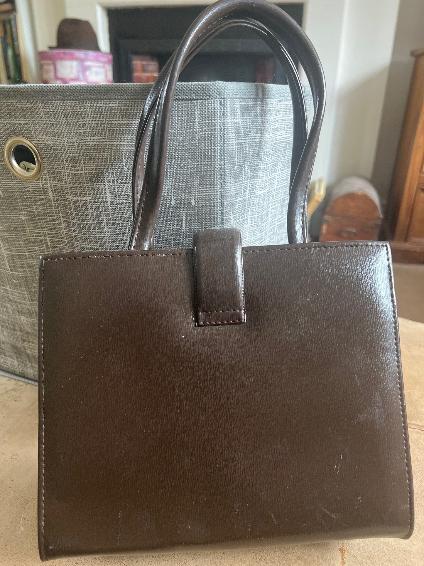 vintage brown handbag brown ladies bag 1960s vintage bag, gold coloured clasp, small leather look, vinyl handbag 60s brown bag, handbag