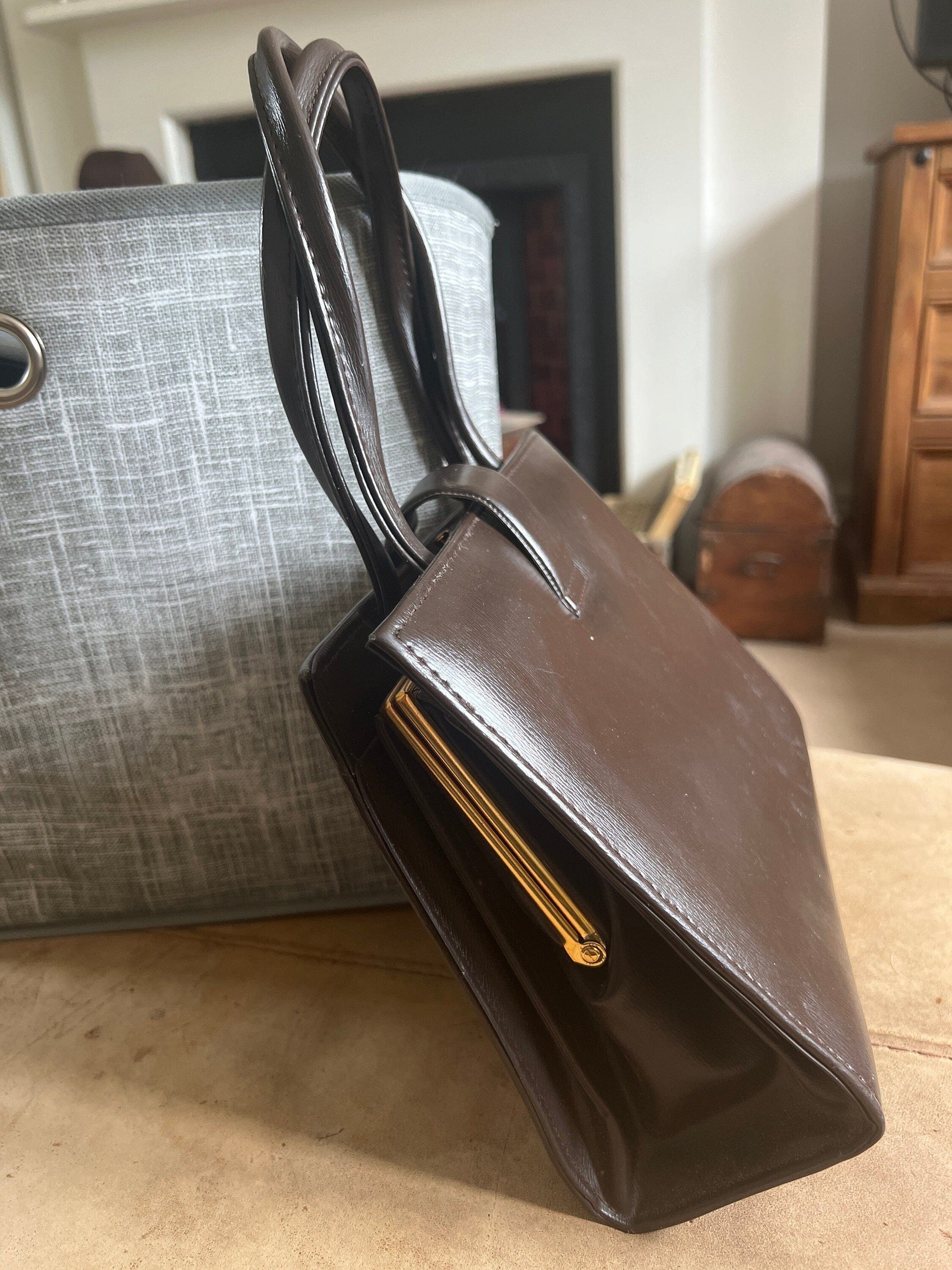 vintage brown handbag brown ladies bag 1960s vintage bag, gold coloured clasp, small leather look, vinyl handbag 60s brown bag, handbag