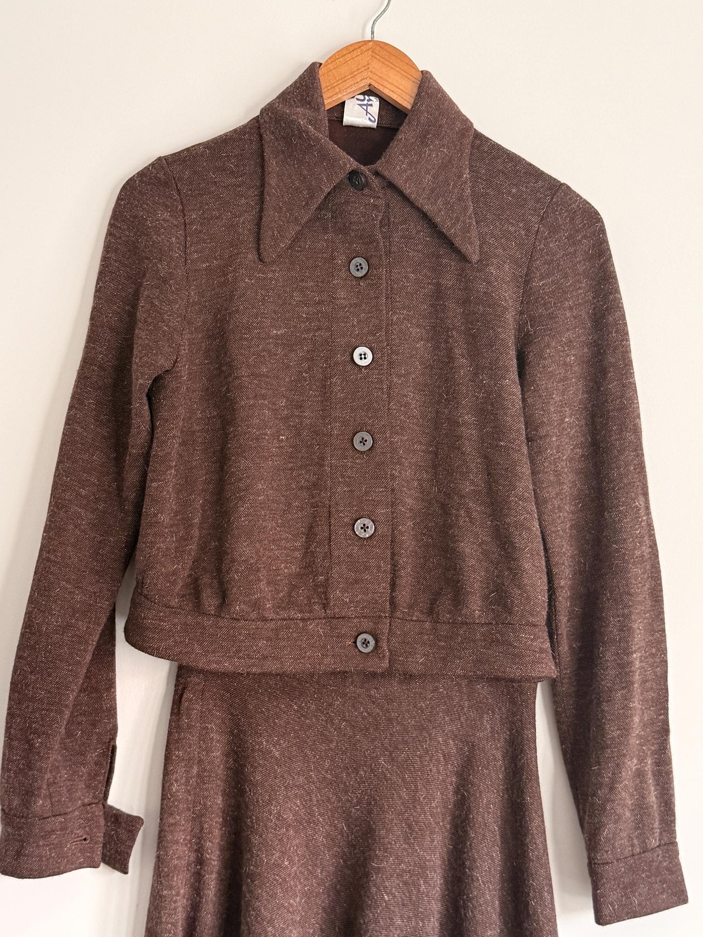 Vintage Brown Knit Two Piece Set UK 10 12 | 1970s Skirt Suit | Maxi Skirt & Cropped Jacket | Minimal Vintage Coordinates - St Andre London
