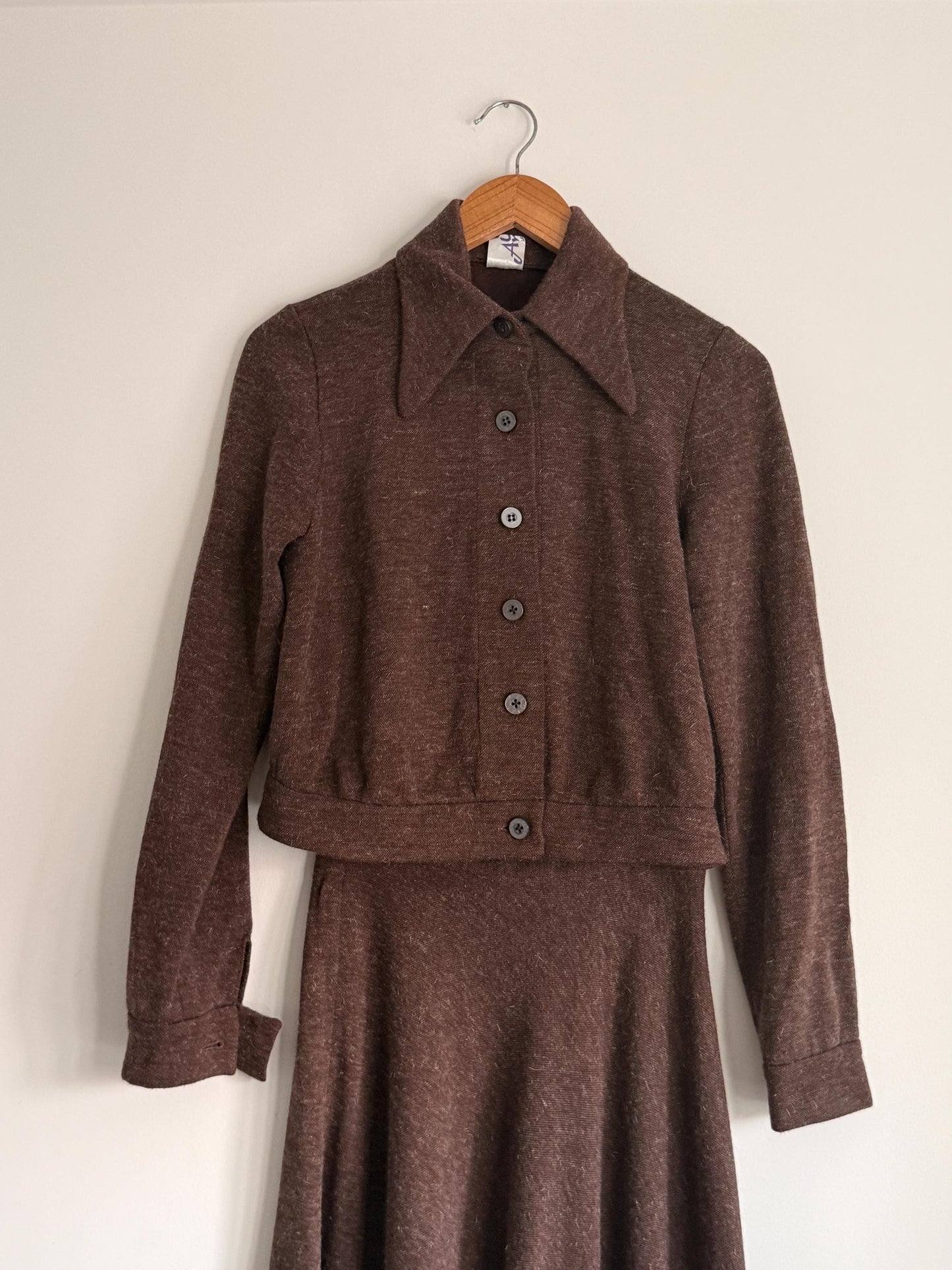 Vintage Brown Knit Two Piece Set UK 10 12 | 1970s Skirt Suit | Maxi Skirt & Cropped Jacket | Minimal Vintage Coordinates - St Andre London