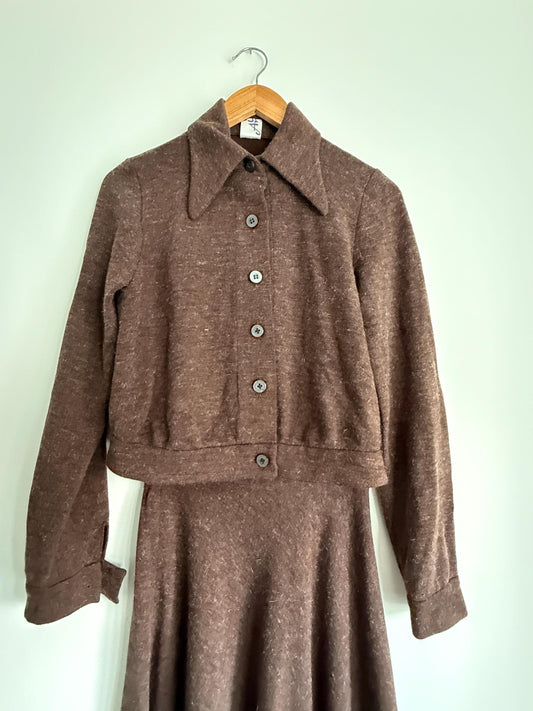 Vintage Brown Knit Two Piece Set UK 10 12 | 1970s Skirt Suit | Maxi Skirt & Cropped Jacket | Minimal Vintage Coordinates - St Andre London