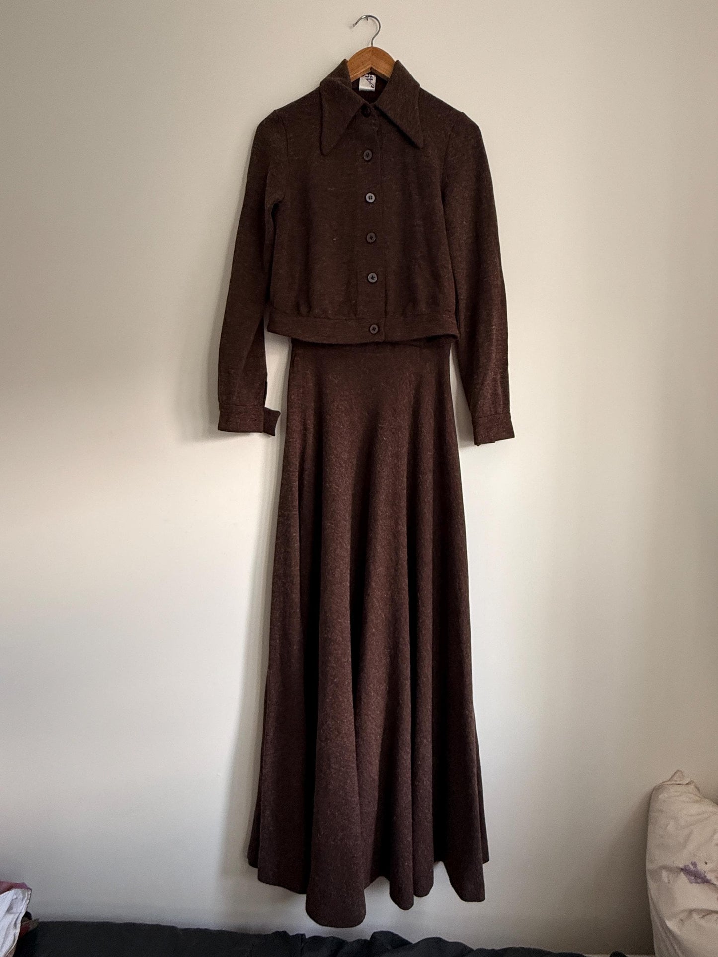 Vintage Brown Knit Two Piece Set UK 10 12 | 1970s Skirt Suit | Maxi Skirt & Cropped Jacket | Minimal Vintage Coordinates - St Andre London