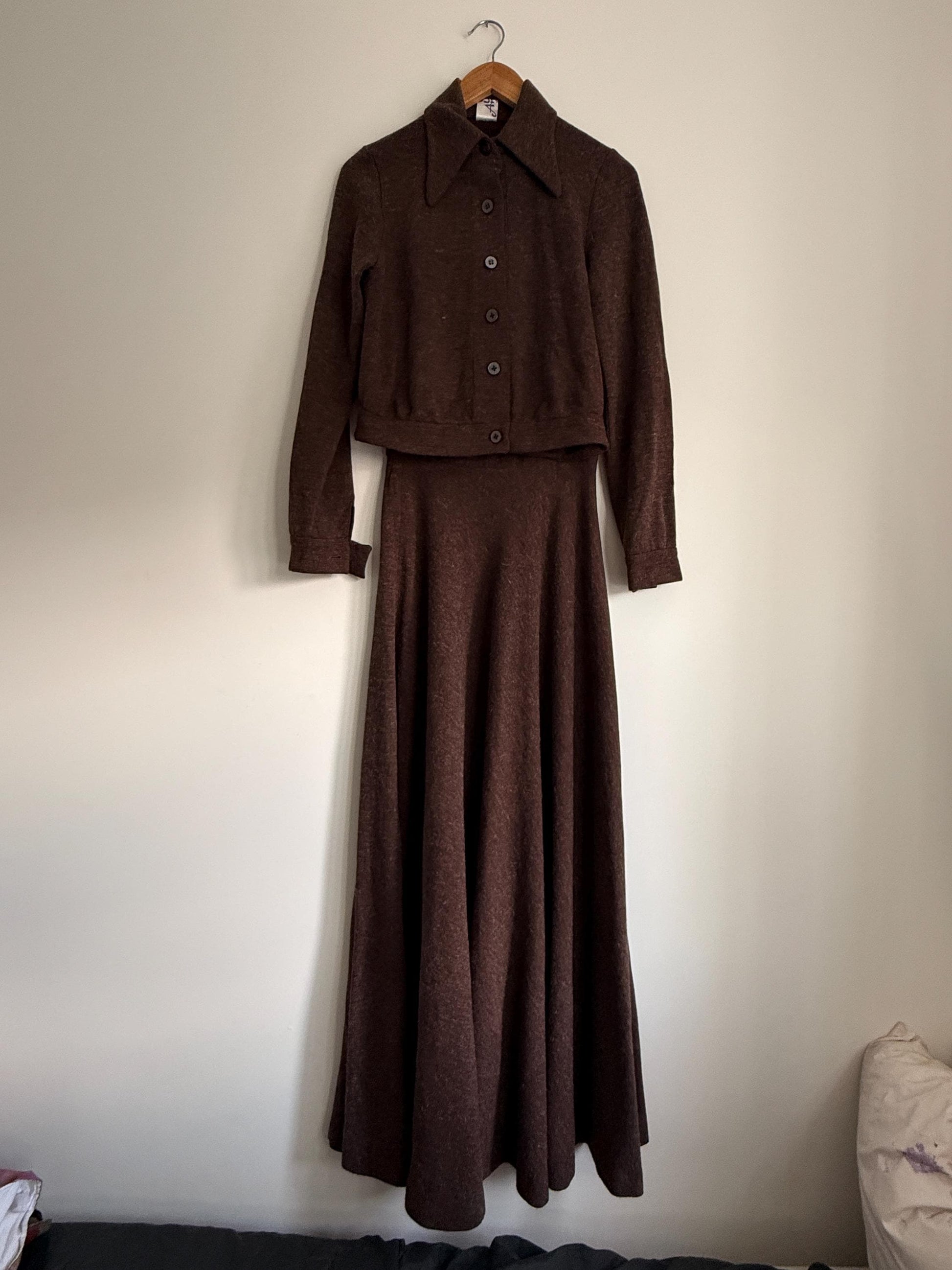 Vintage Brown Knit Two Piece Set UK 10 12 | 1970s Skirt Suit | Maxi Skirt & Cropped Jacket | Minimal Vintage Coordinates - St Andre London