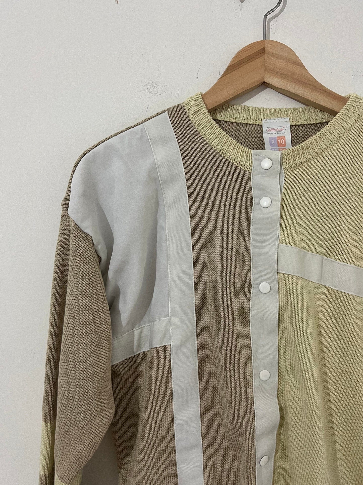 80s M&S St Michael Cardigan With pockets - block square design panels cream yellow beige