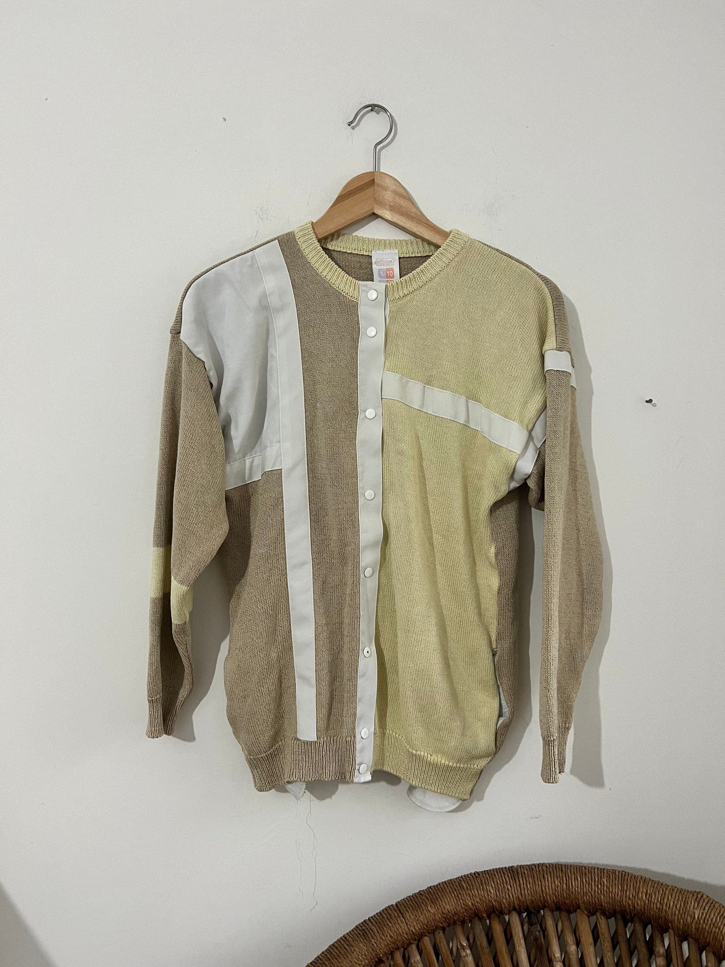 80s M&S St Michael Cardigan With pockets - block square design panels cream yellow beige