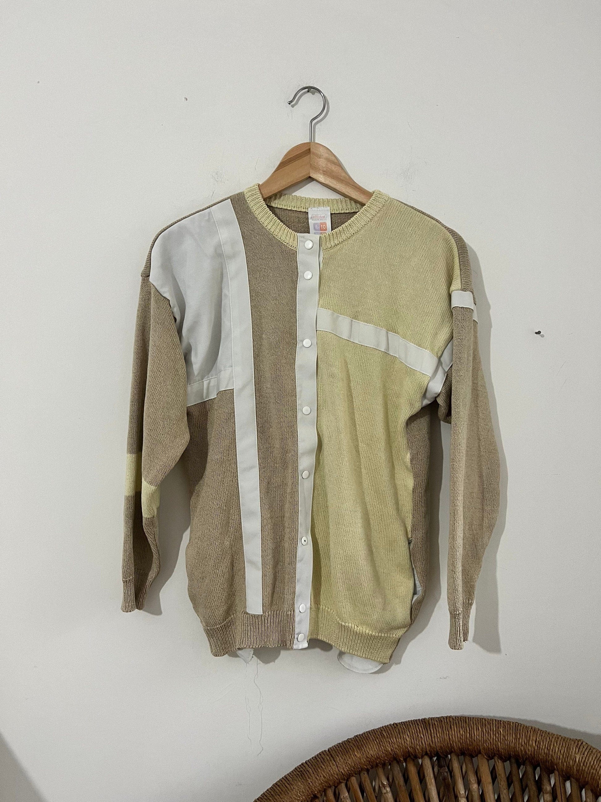 80s M&S St Michael Cardigan With pockets - block square design panels cream yellow beige