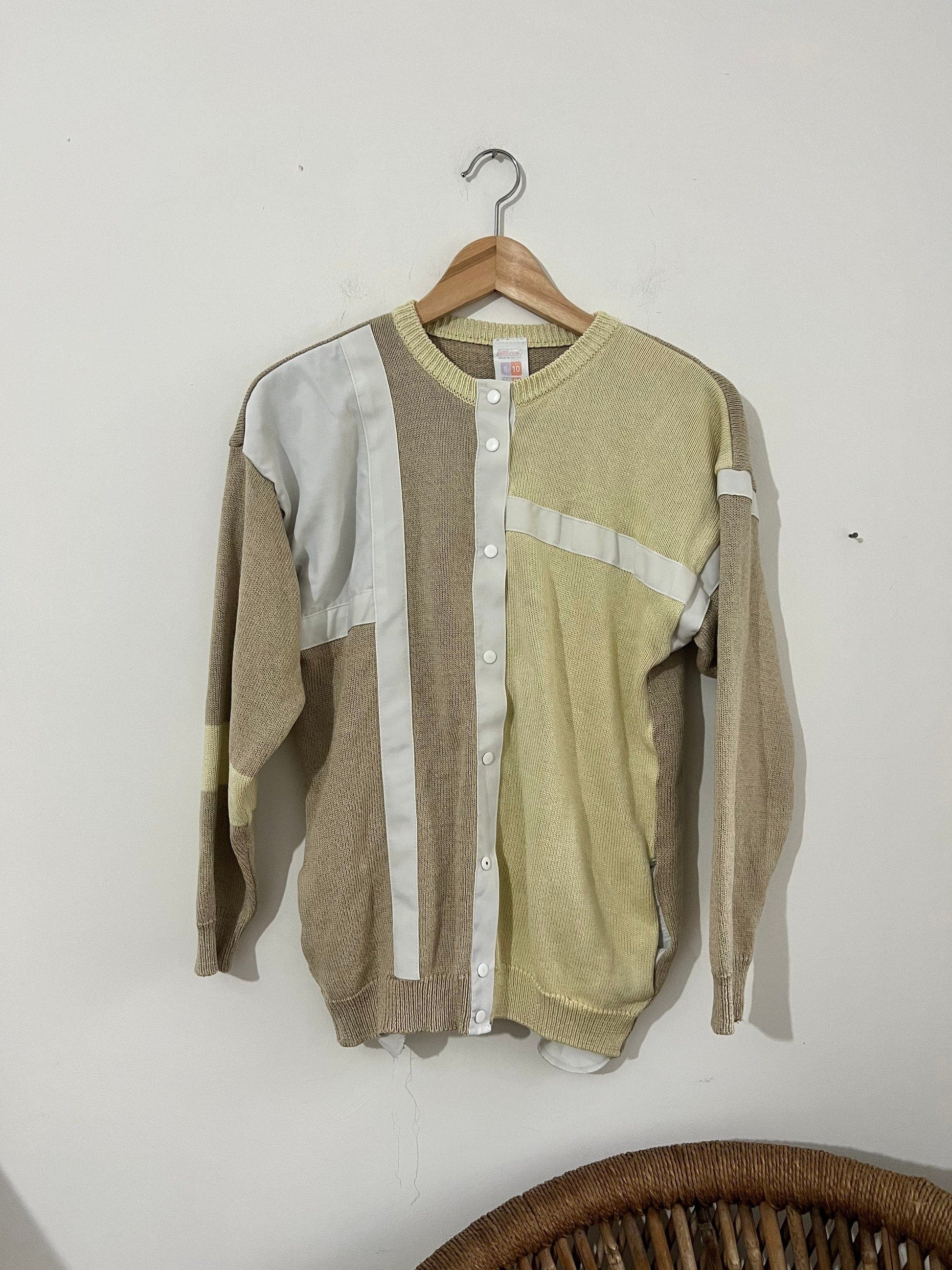 80s M&S St Michael Cardigan With pockets - block square design panels cream yellow beige