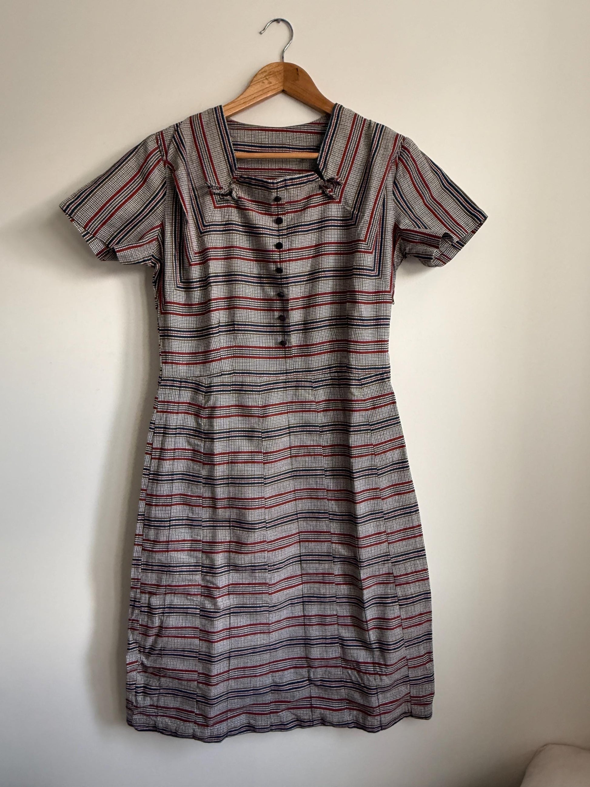 Vintage Checked Day Dress UK 12 | 1950s Midi Dress | Prairie Collar Dress | Retro Check Dress | Cottagecore