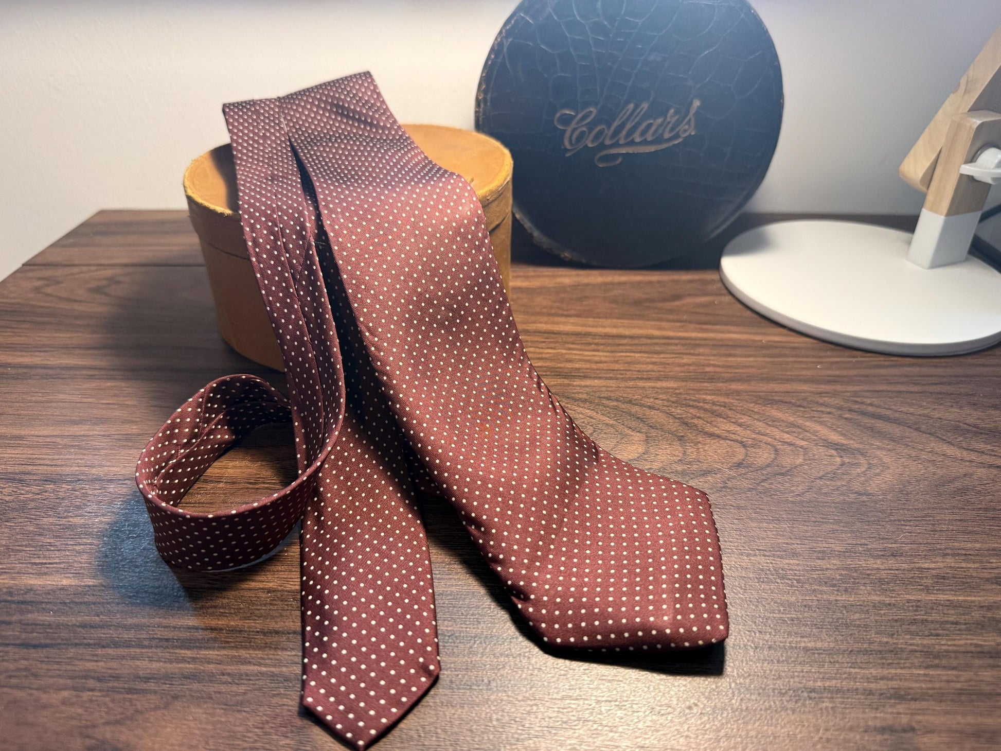 Vintage Christian Dior Monsieur Pure Silk Tie | Burgundy & White Pin Dot Necktie | Made in England | Designer Menswear