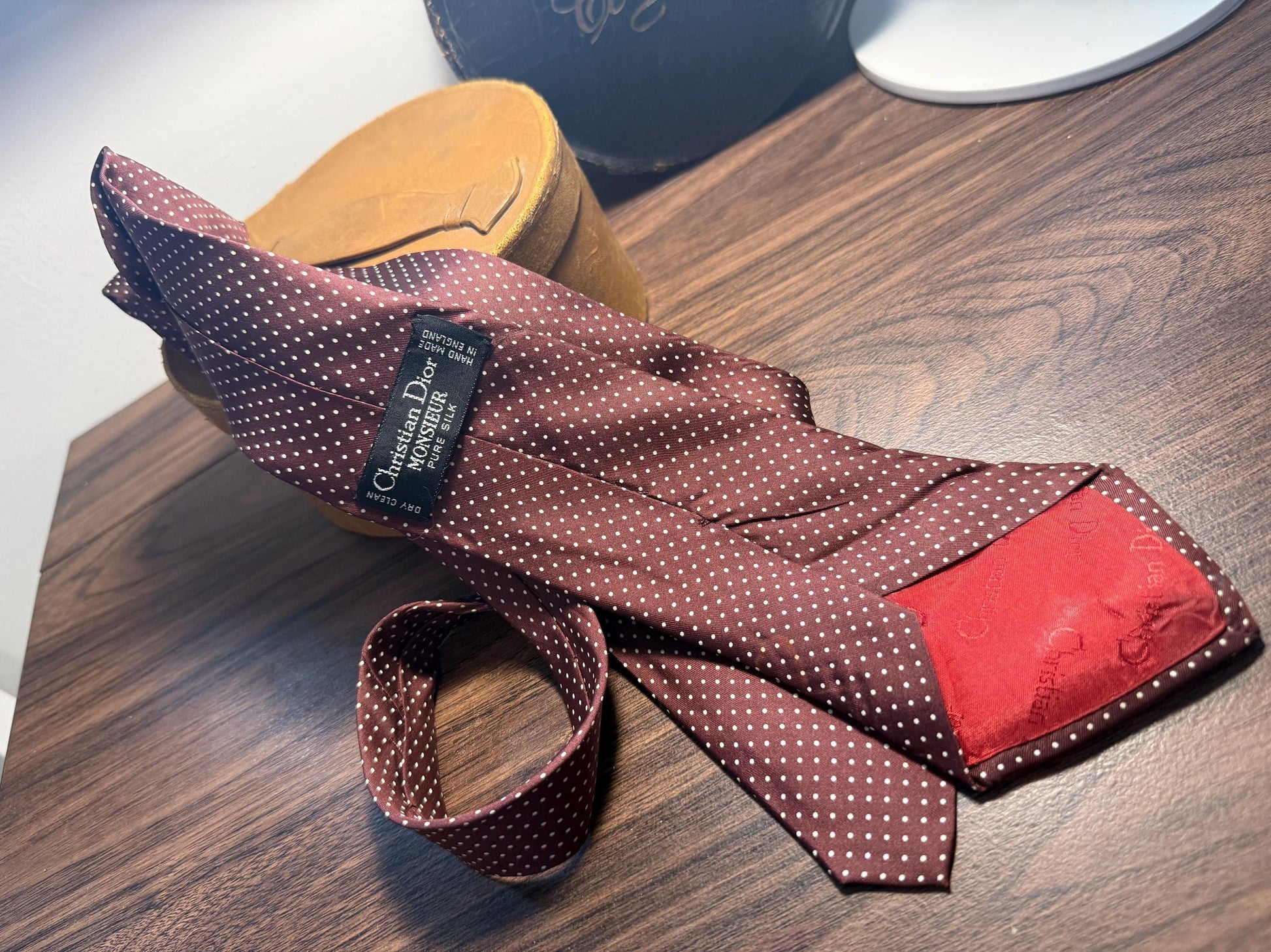 Vintage Christian Dior Monsieur Pure Silk Tie | Burgundy & White Pin Dot Necktie | Made in England | Designer Menswear