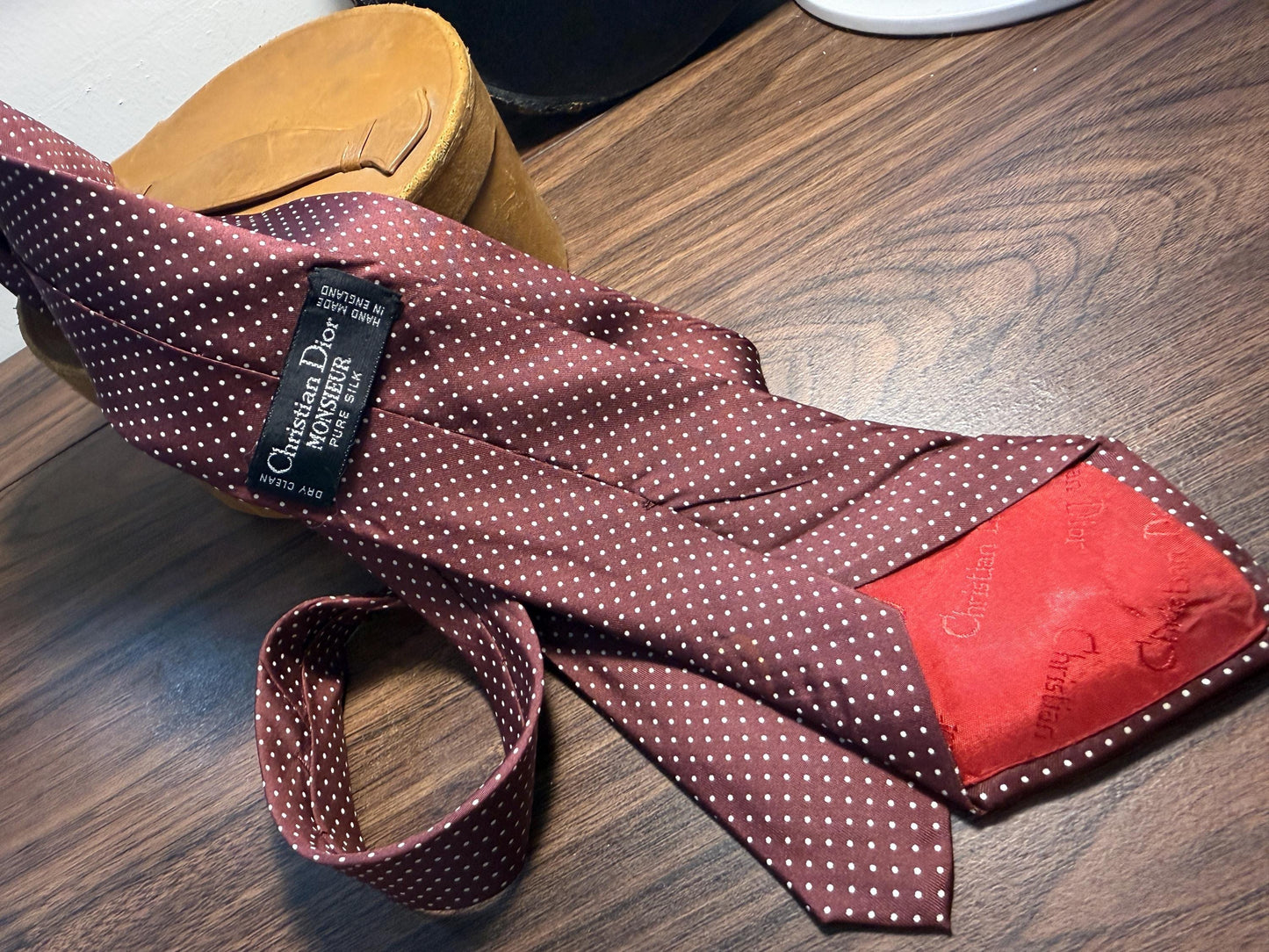 Vintage Christian Dior Monsieur Pure Silk Tie | Burgundy & White Pin Dot Necktie | Made in England | Designer Menswear