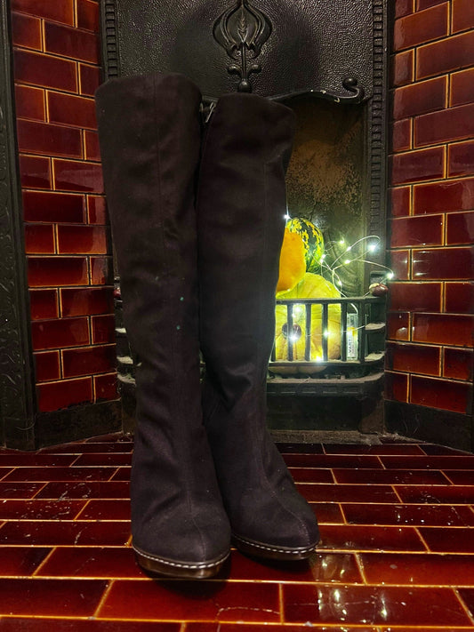 Vintage Black Knee High clog Boots UK6 EU39 Stiletto Heel Fabric Knee High Boots Black