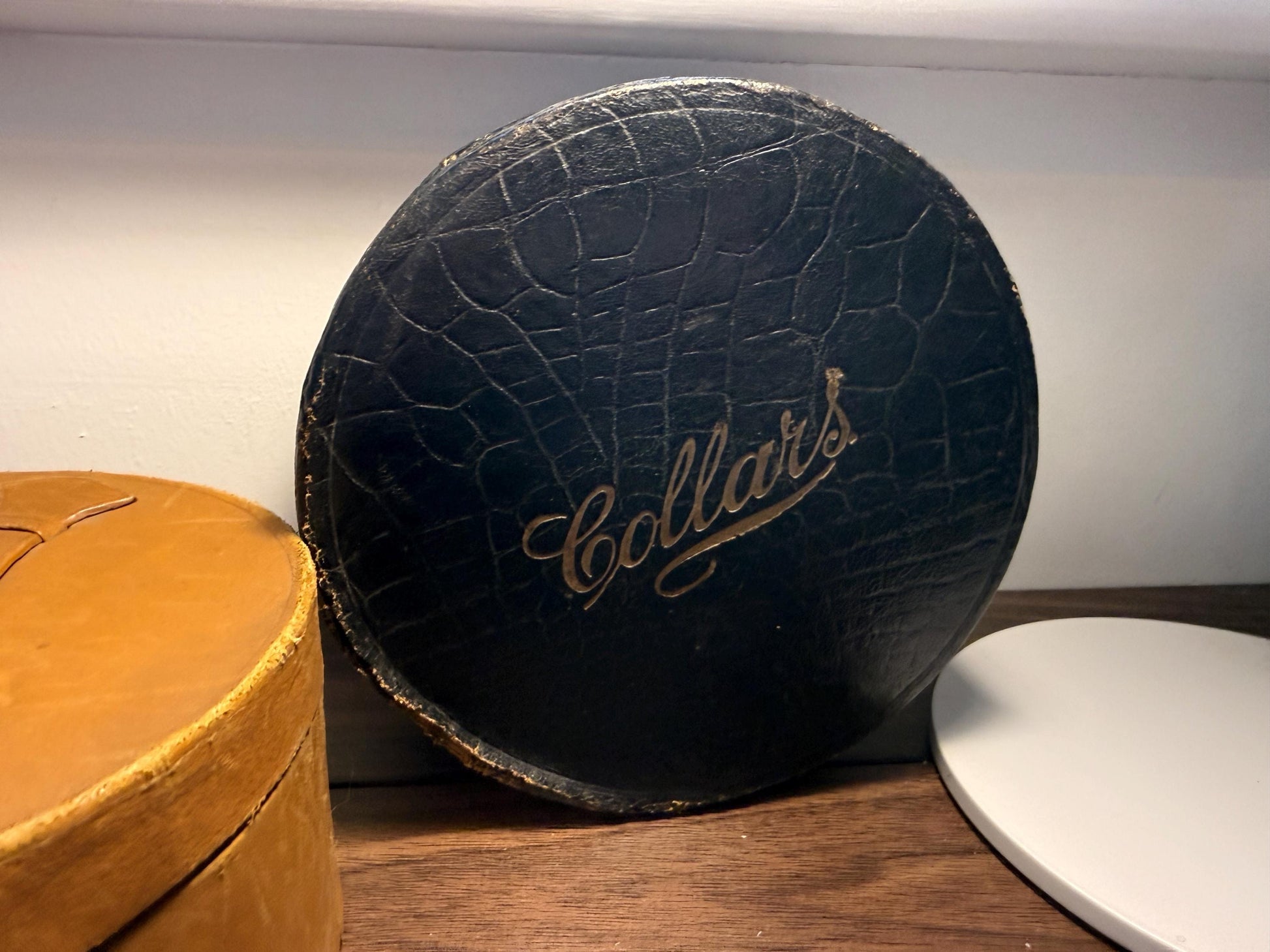 Vintage Collars Round Storage Box | Faux Crocodile Collar Box | Edwardian Gentleman’s Outfitters Box | Display & Storage