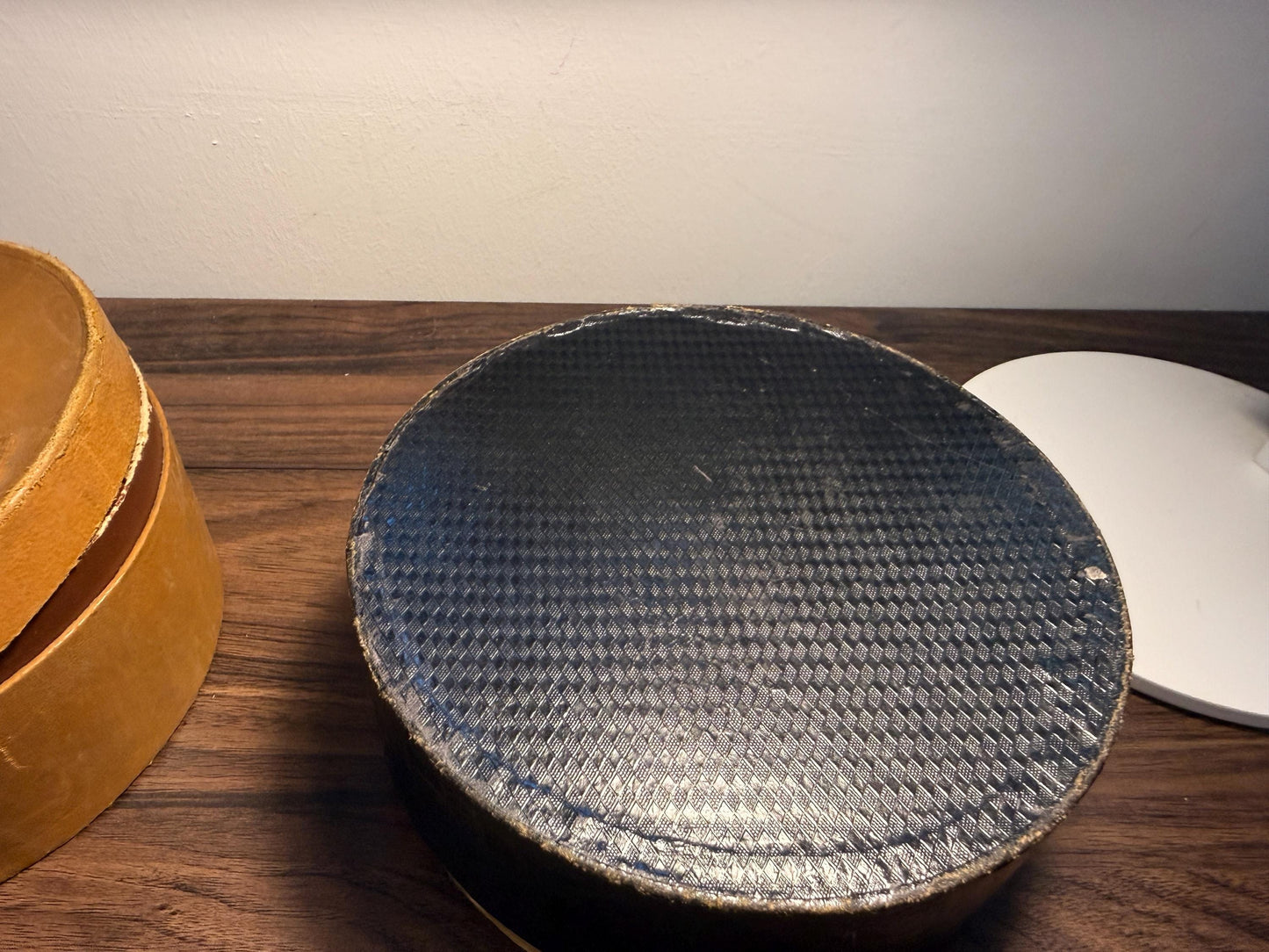 Vintage Collars Round Storage Box | Faux Crocodile Collar Box | Edwardian Gentleman’s Outfitters Box | Display & Storage
