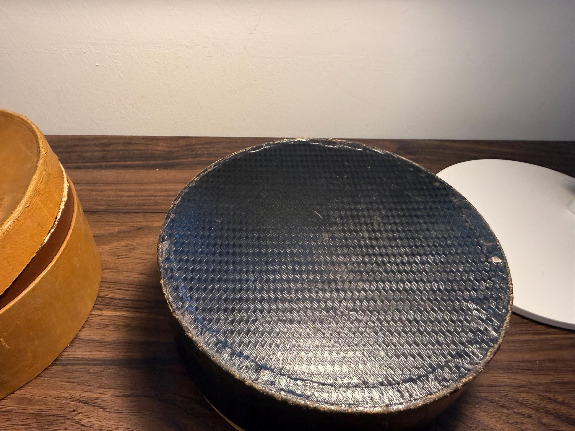 Vintage Collars Round Storage Box | Faux Crocodile Collar Box | Edwardian Gentleman’s Outfitters Box | Display & Storage