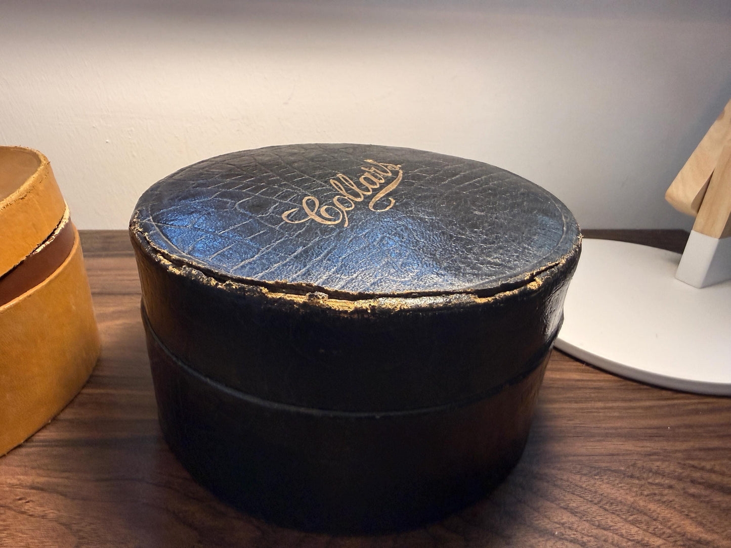 Vintage Collars Round Storage Box | Faux Crocodile Collar Box | Edwardian Gentleman’s Outfitters Box | Display & Storage