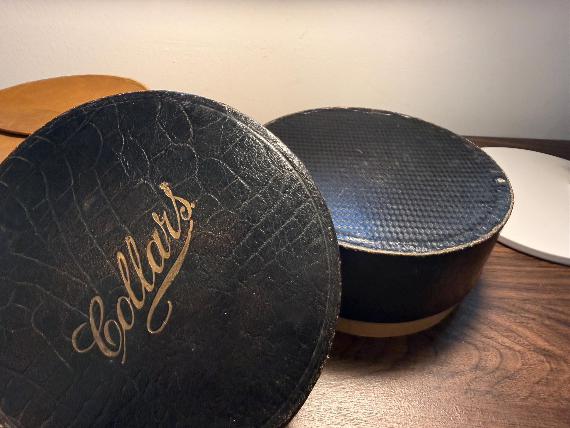 Vintage Collars Round Storage Box | Faux Crocodile Collar Box | Edwardian Gentleman’s Outfitters Box | Display & Storage