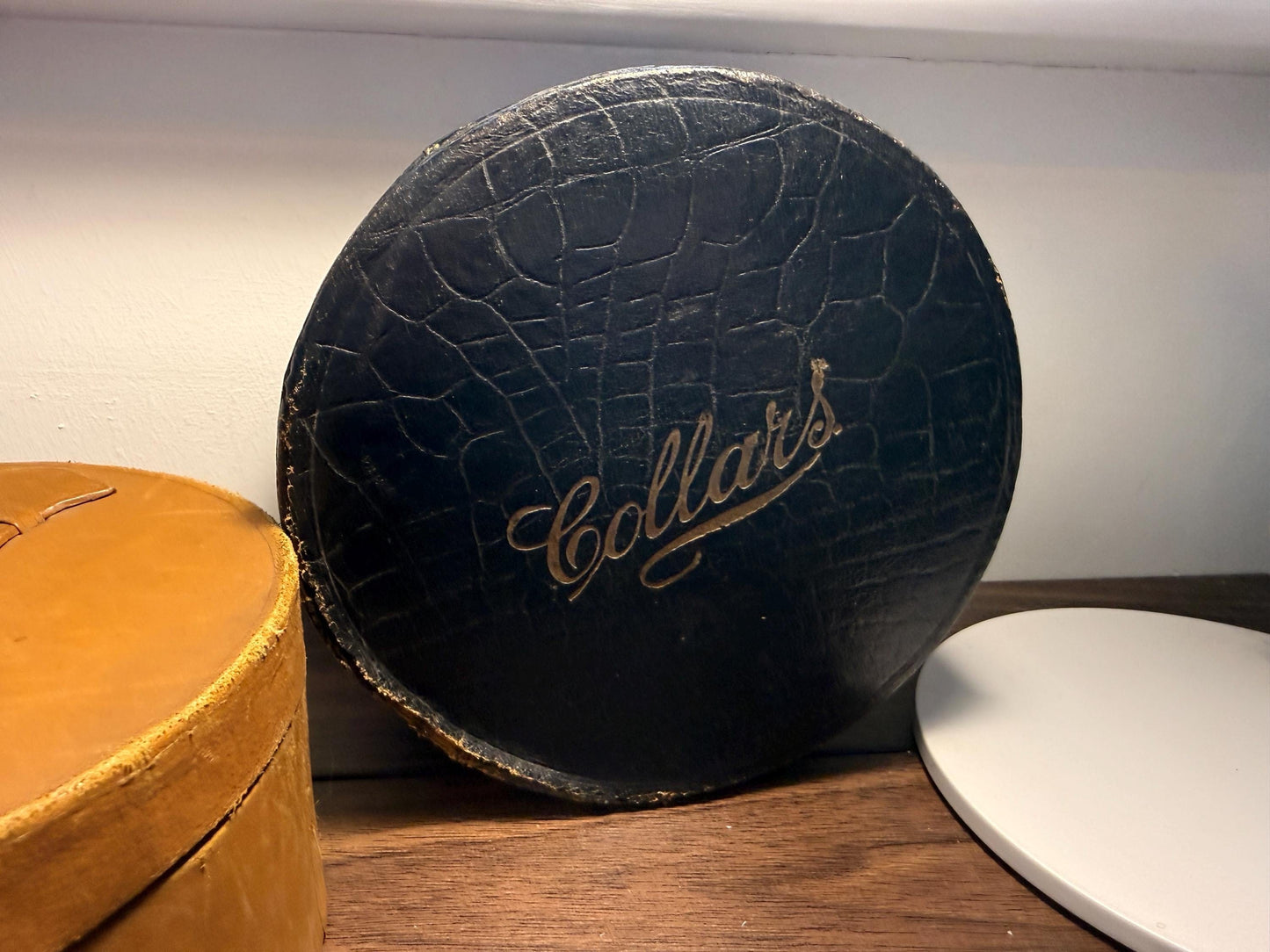 Vintage Collars Round Storage Box | Faux Crocodile Collar Box | Edwardian Gentleman’s Outfitters Box | Display & Storage