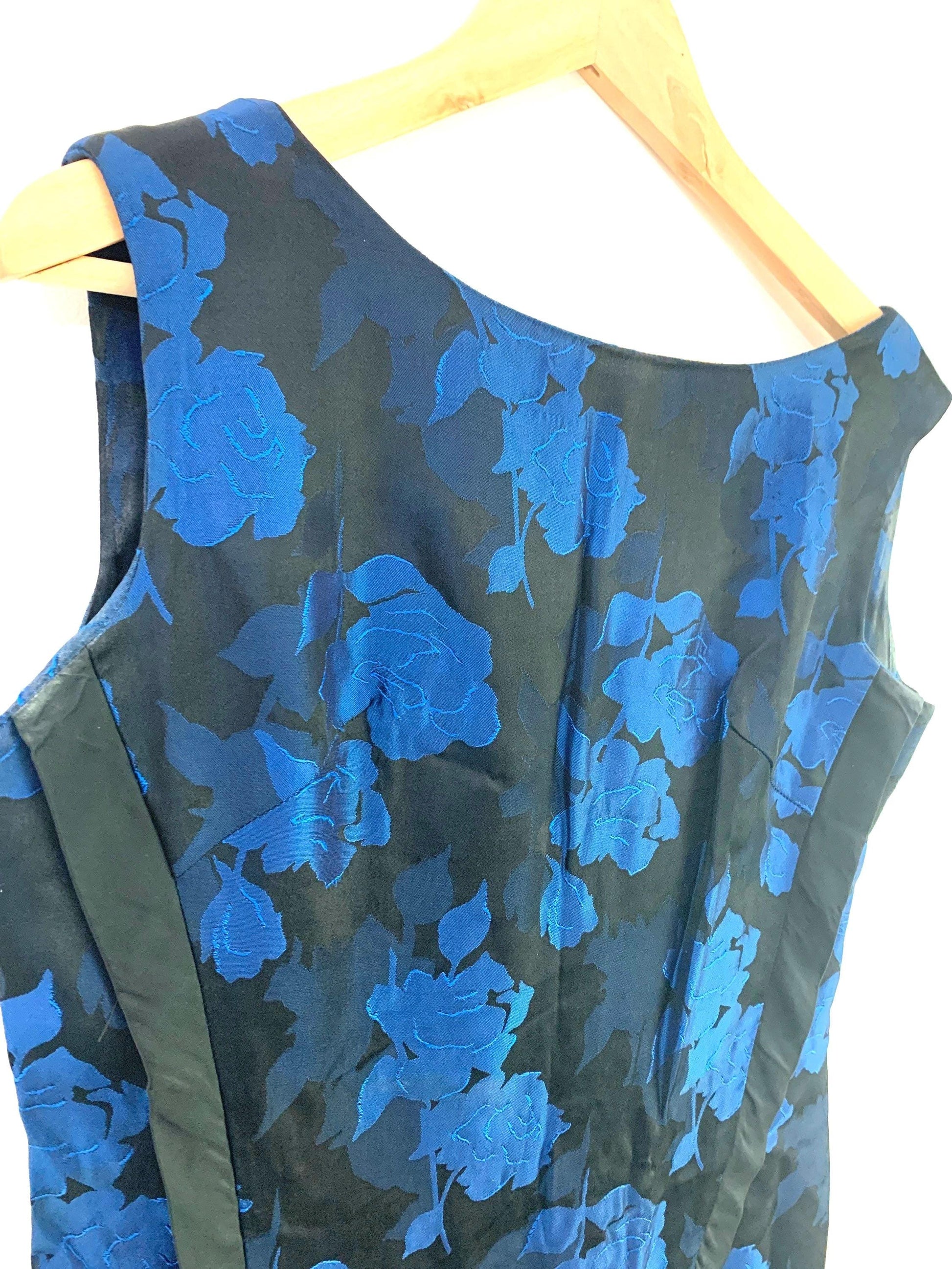 Vintage 1960s Blue Black Brocade Floral Column Dress - Sleeveless Handmade