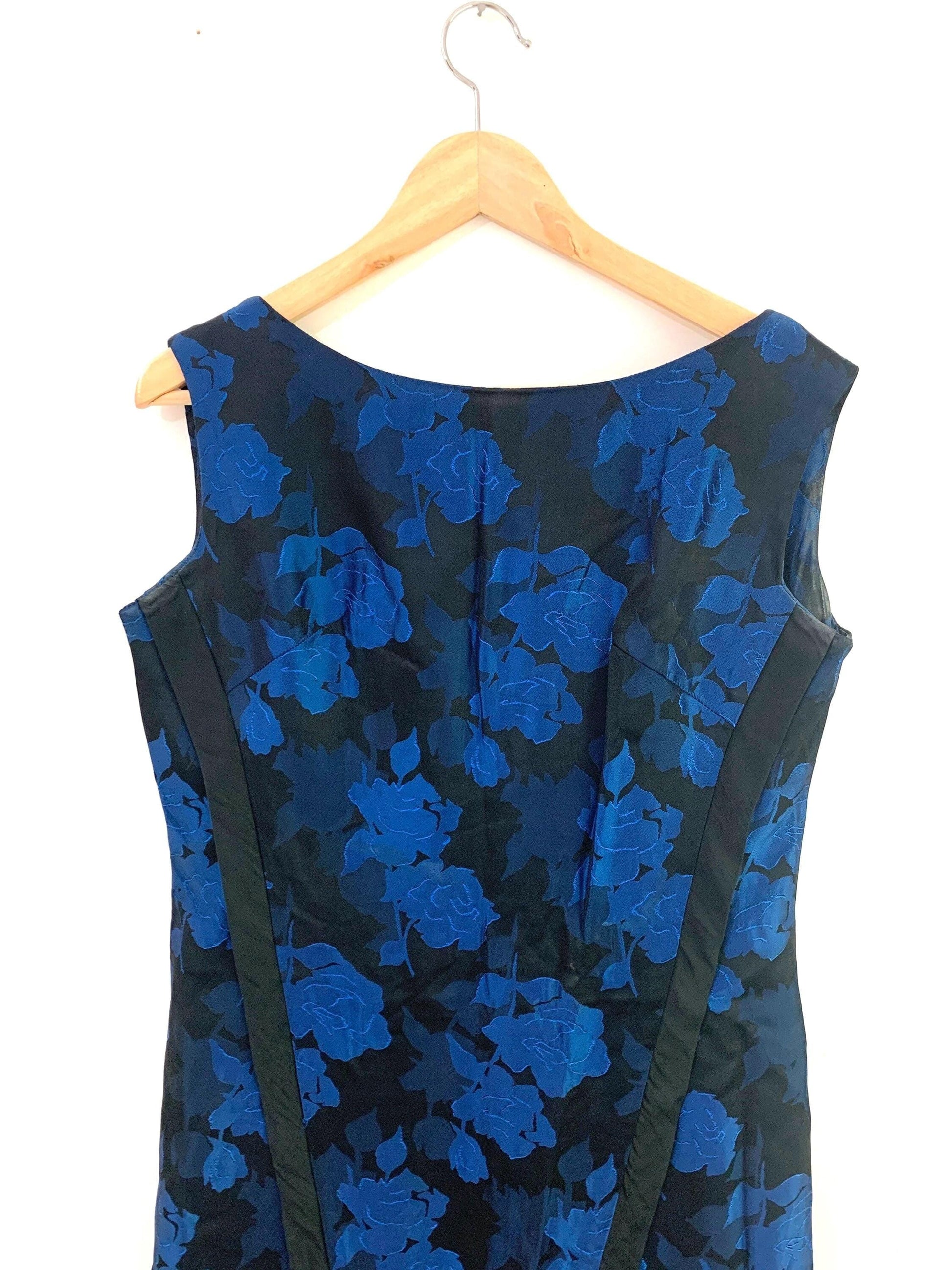 Vintage 1960s Blue Black Brocade Floral Column Dress - Sleeveless Handmade