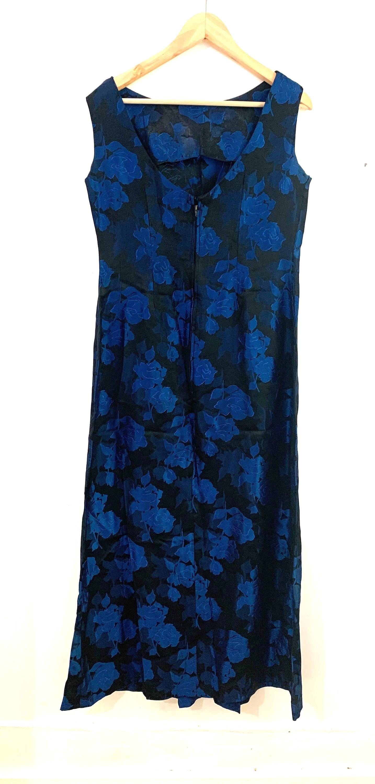 Vintage 1960s Blue Black Brocade Floral Column Dress - Sleeveless Handmade