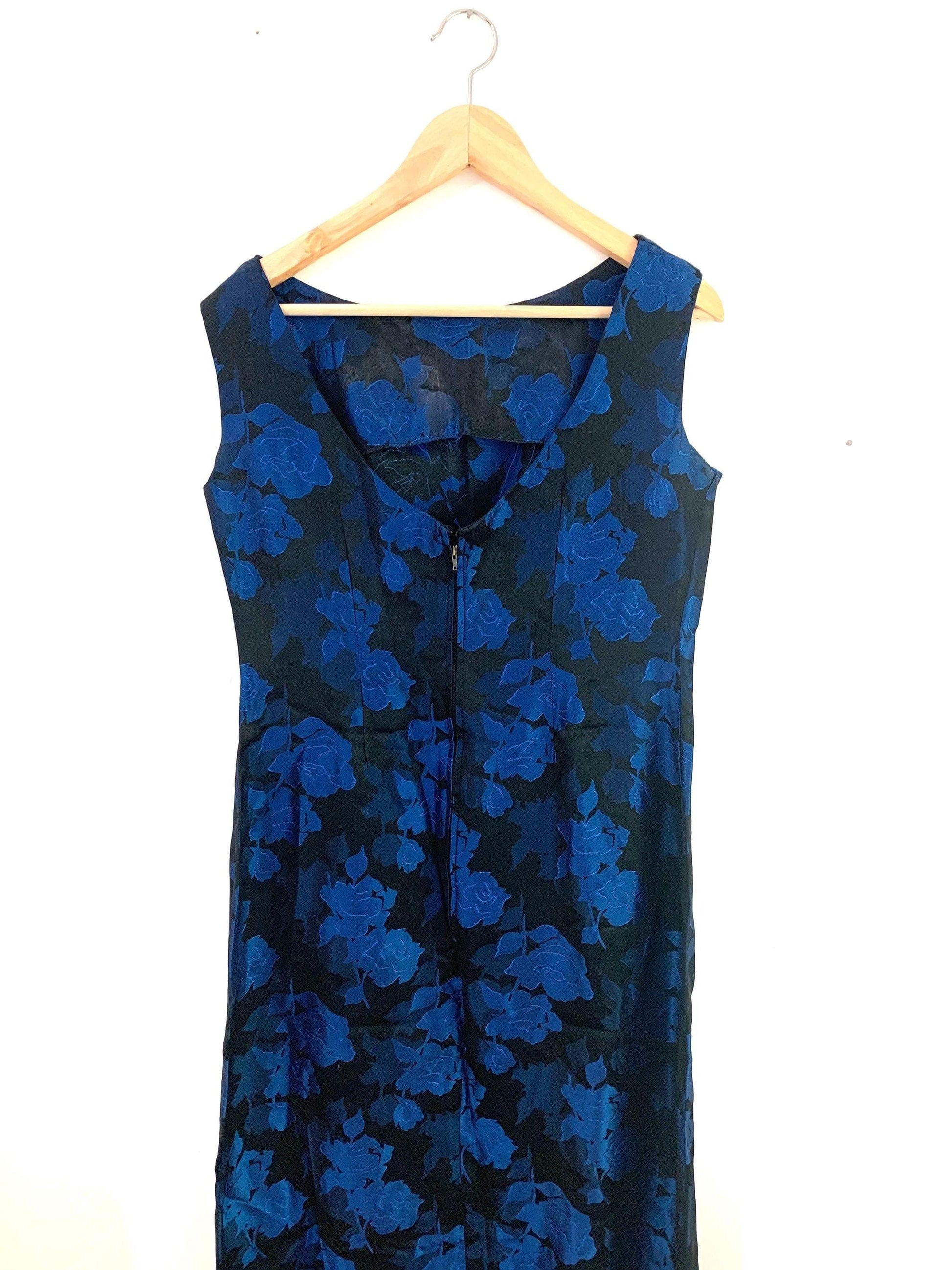 Vintage 1960s Blue Black Brocade Floral Column Dress - Sleeveless Handmade