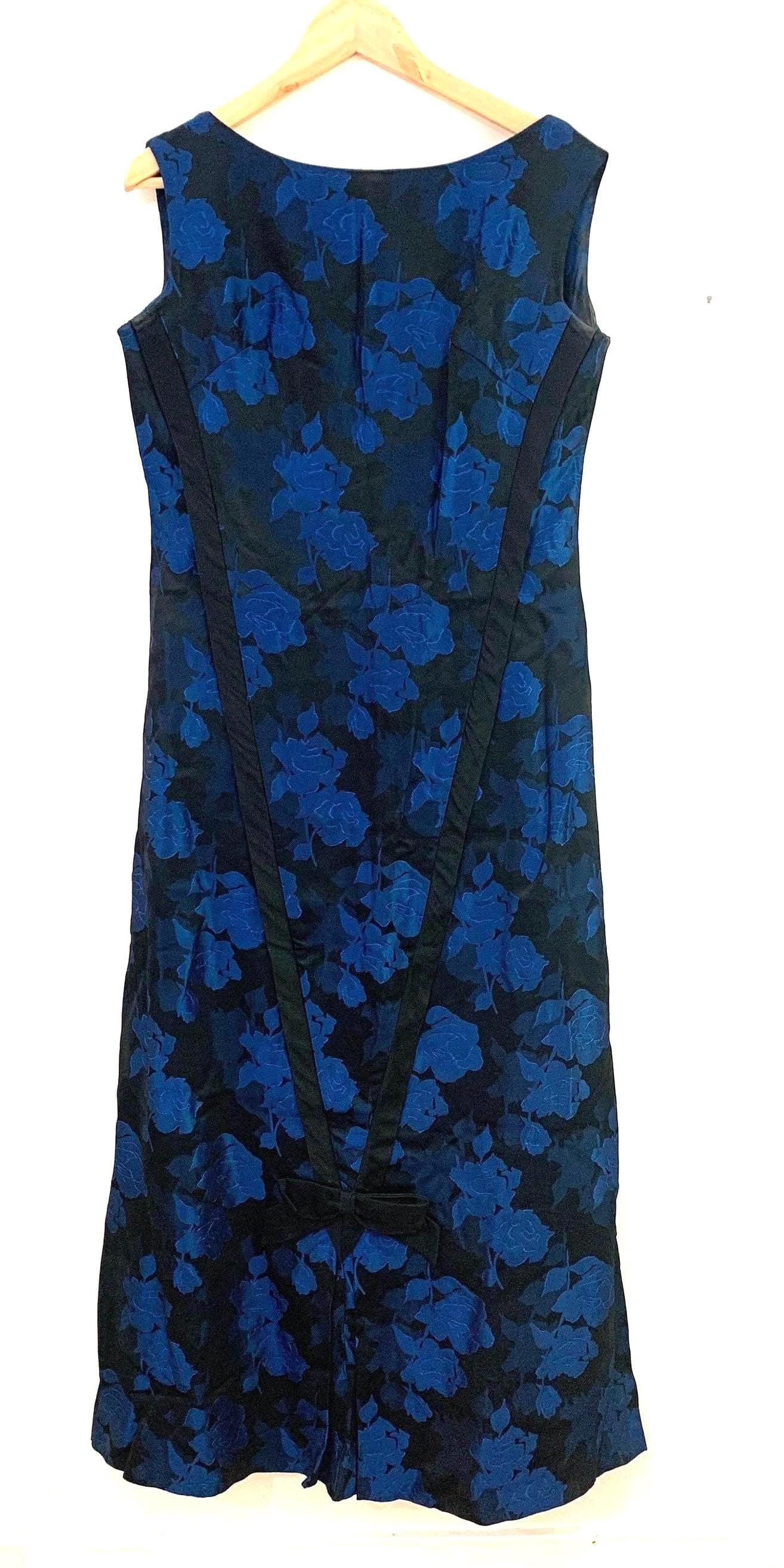 Vintage 1960s Blue Black Brocade Floral Column Dress - Sleeveless Handmade