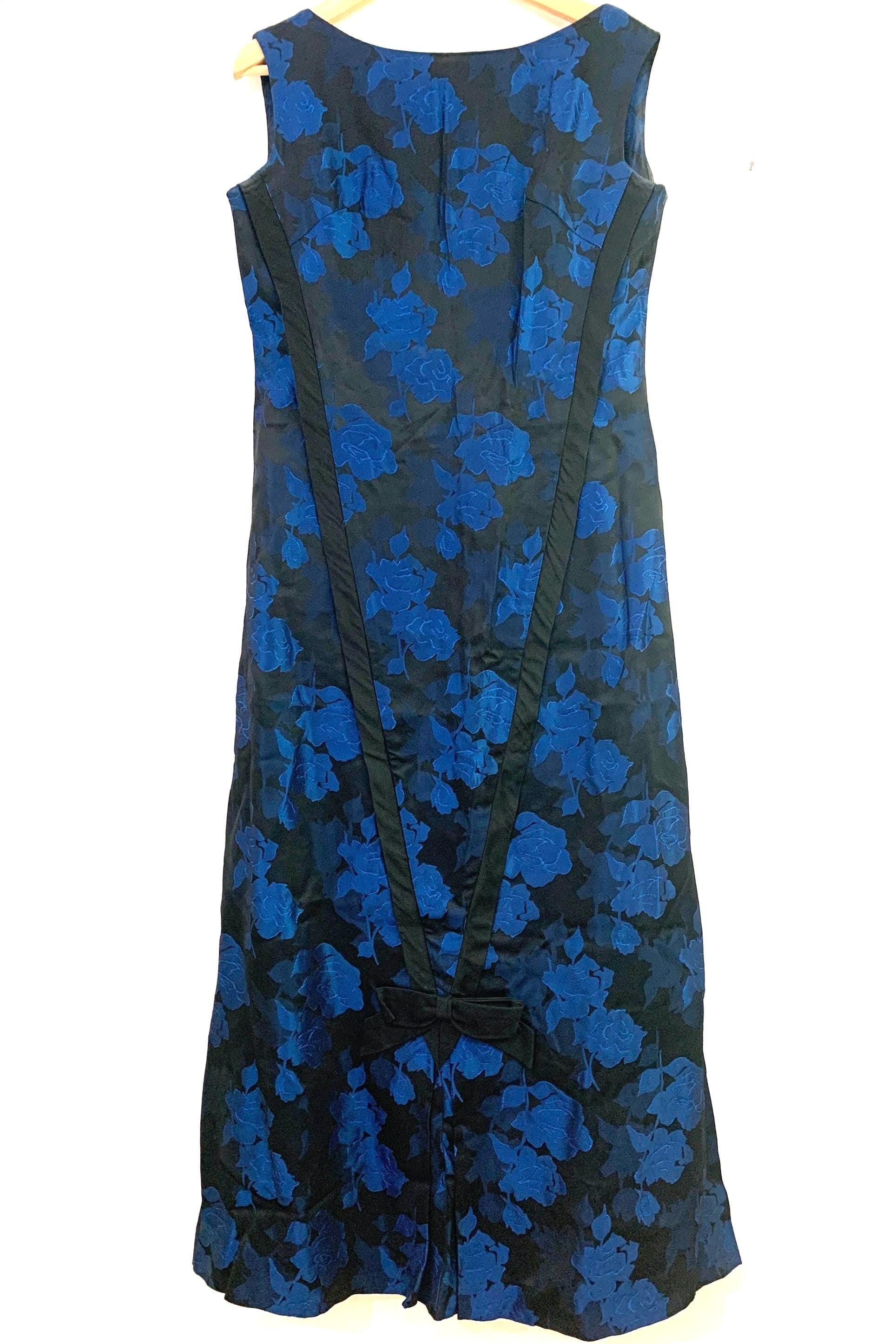 Vintage 1960s Blue Black Brocade Floral Column Dress - Sleeveless Handmade