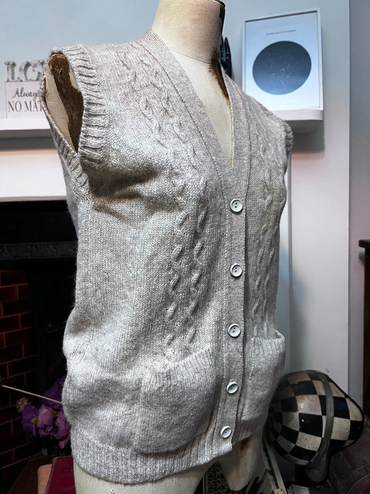 Vintage cream Cardigan sleeveless cardigan cable knit cardigan, vintage, knitwear, vintage vest, 70s cardigan grey tank pockets