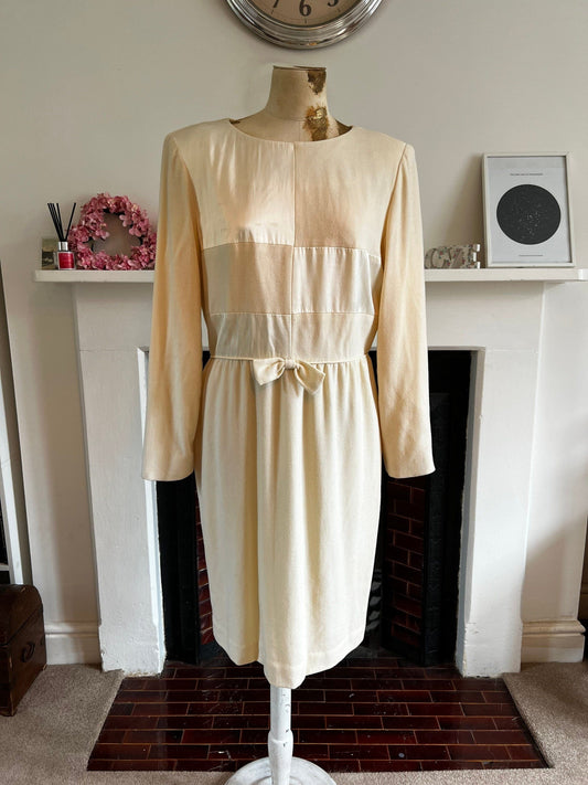 Cream Dress 80s Long sleeve wool and satin mad men dress - has marks and small holes