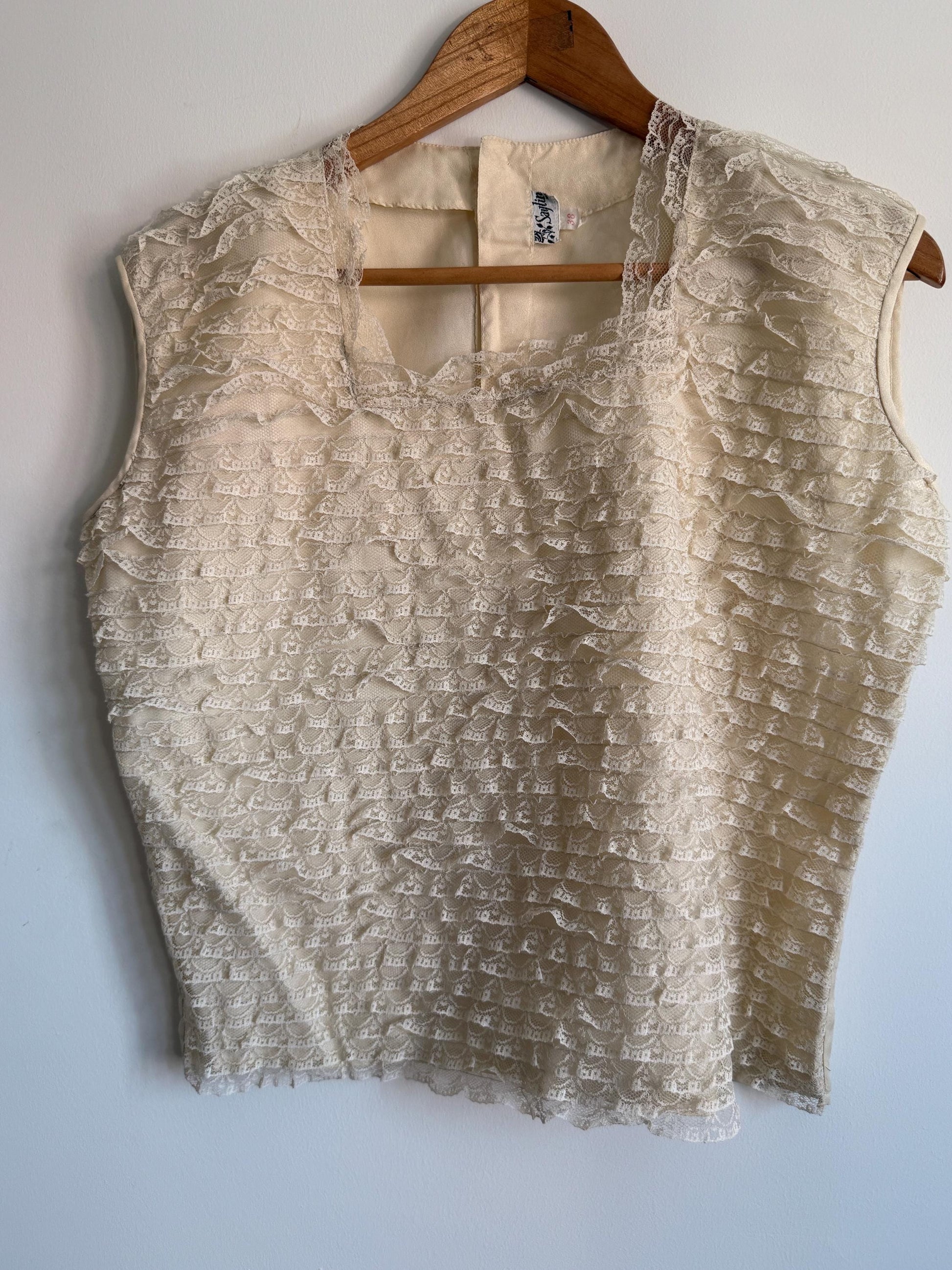 Vintage Cream Lace Top | Romantic Lace Blouse | Cottagecore Vintage Top | Sleeveless Lace Shell | Boho Bridal Top