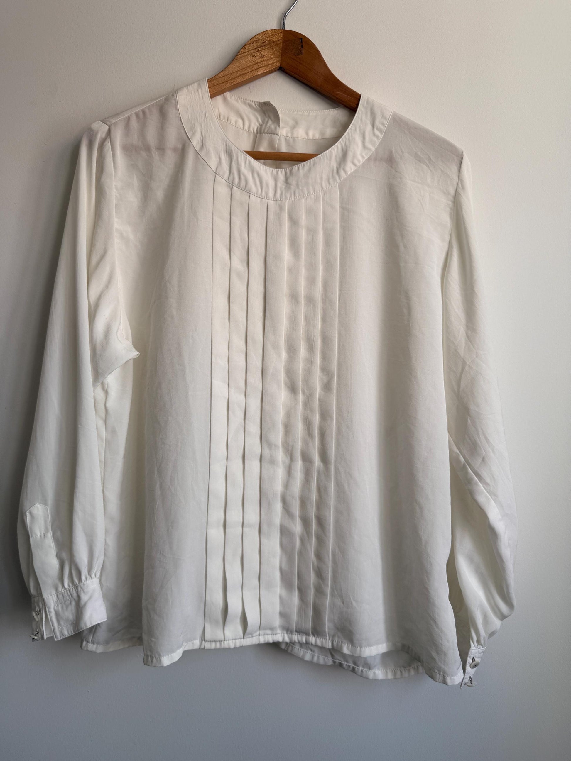 Vintage Cream Pleated Blouse | Minimalist Long Sleeve Ivory Top | Back Button Fastening