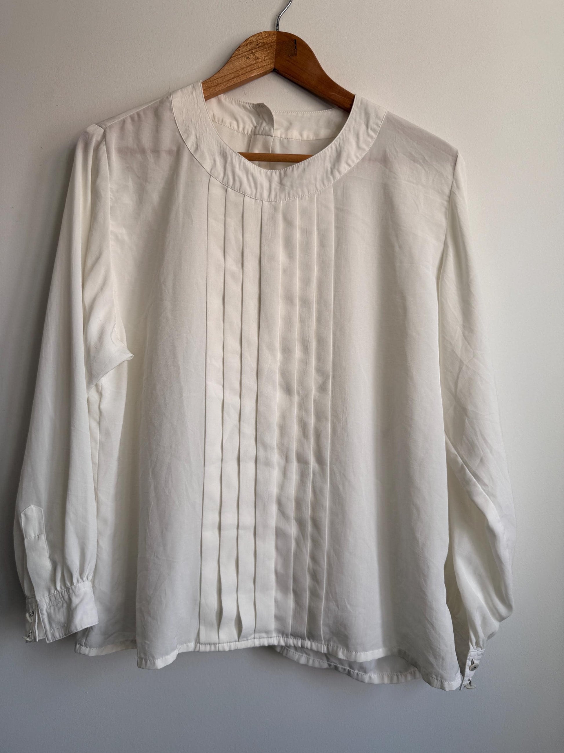 Vintage Cream Pleated Blouse | Minimalist Long Sleeve Ivory Top | Back Button Fastening