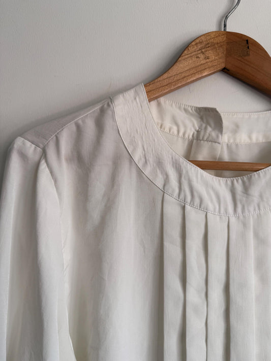 Vintage Cream Pleated Blouse | Minimalist Long Sleeve Ivory Top | Back Button Fastening