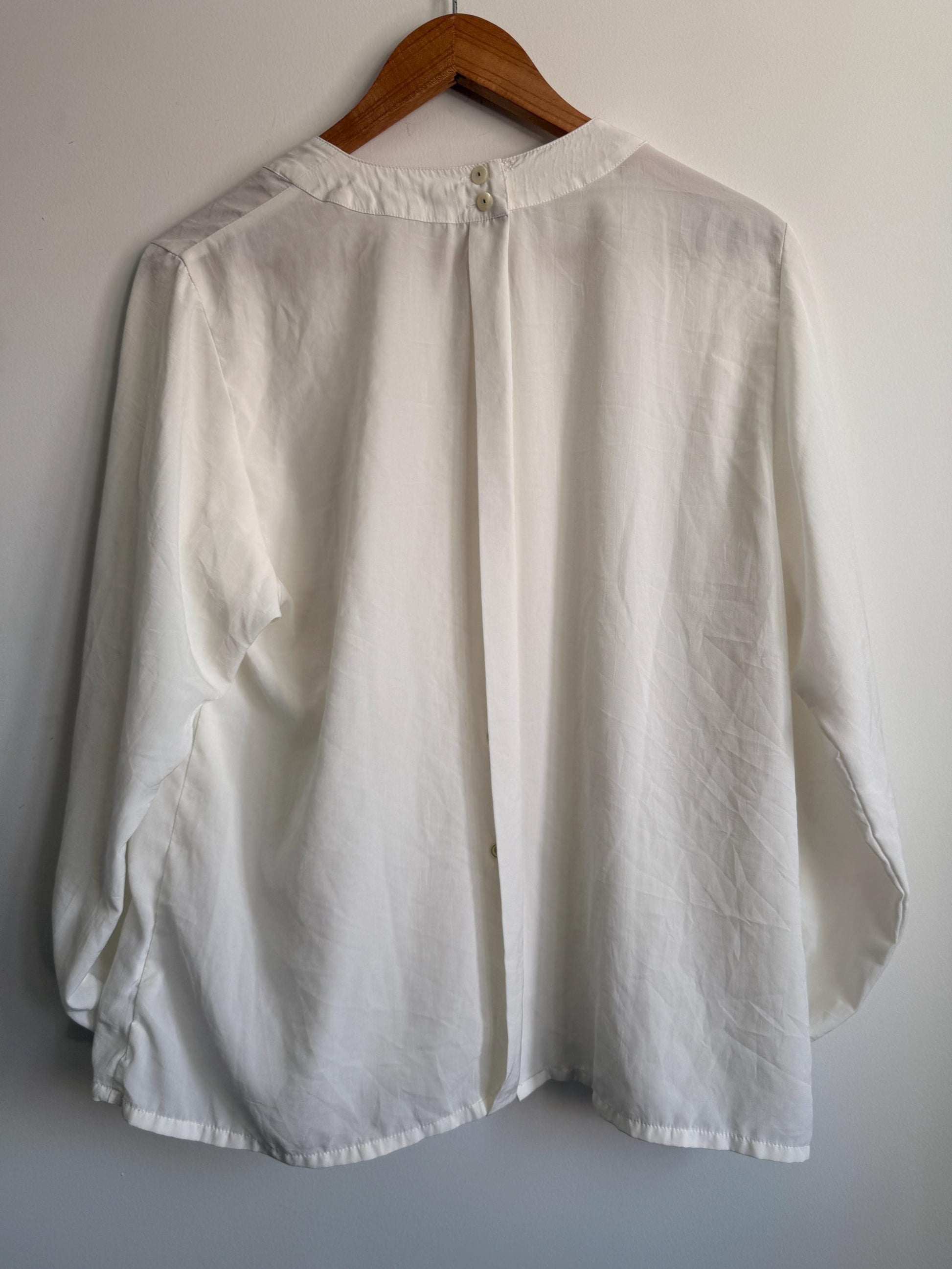 Vintage Cream Pleated Blouse | Minimalist Long Sleeve Ivory Top | Back Button Fastening