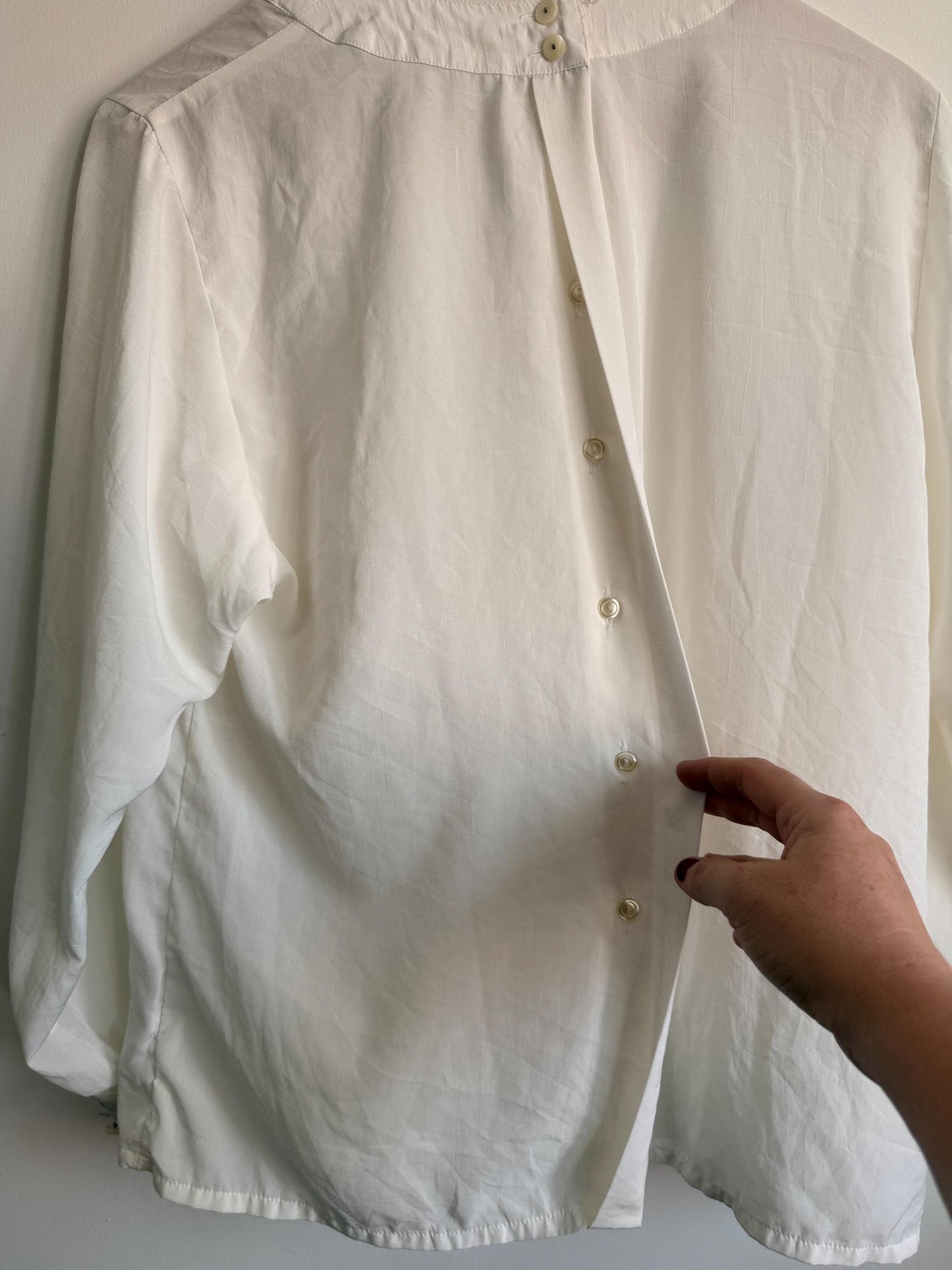 Vintage Cream Pleated Blouse | Minimalist Long Sleeve Ivory Top | Back Button Fastening