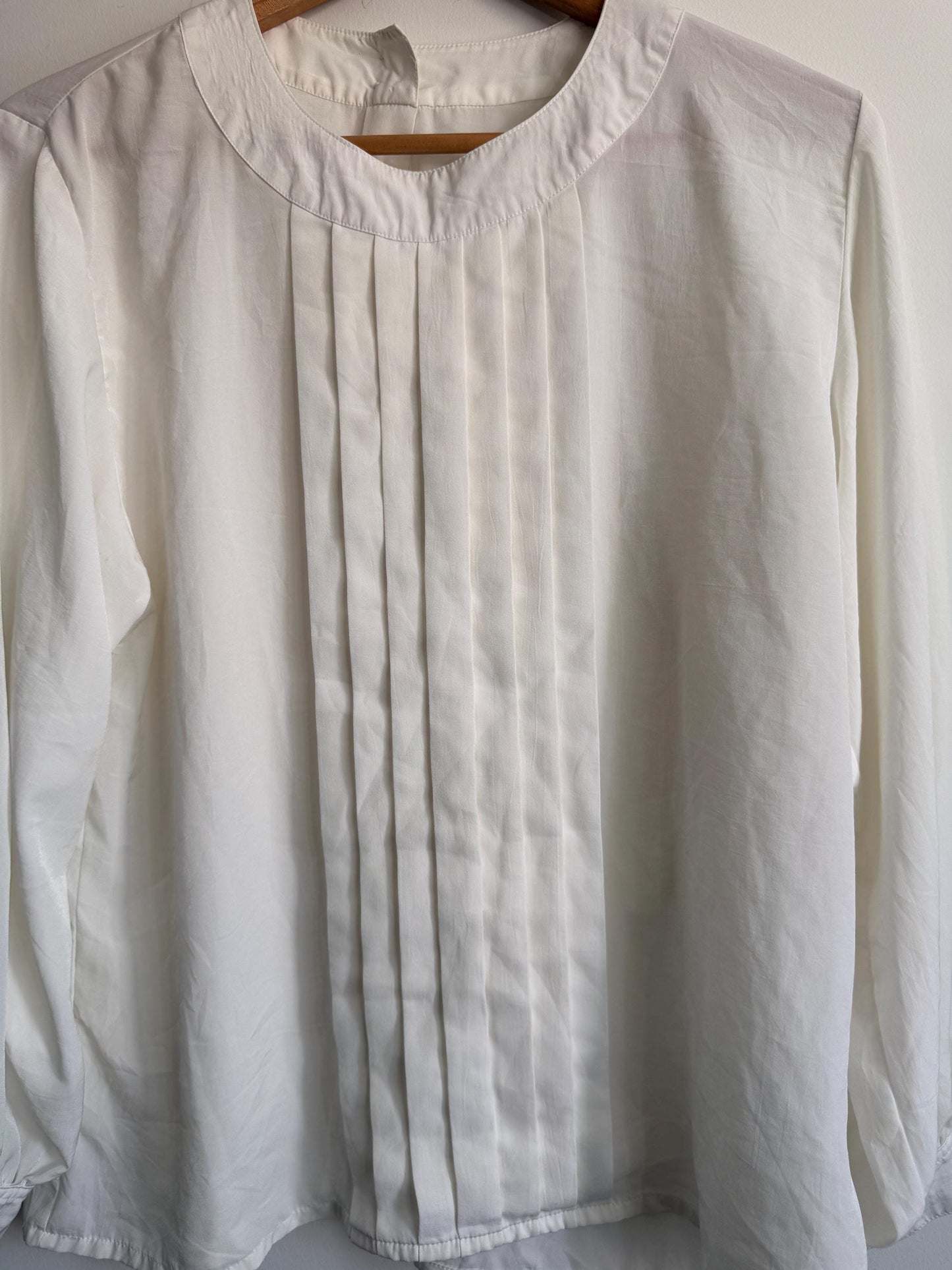Vintage Cream Pleated Blouse | Minimalist Long Sleeve Ivory Top | Back Button Fastening