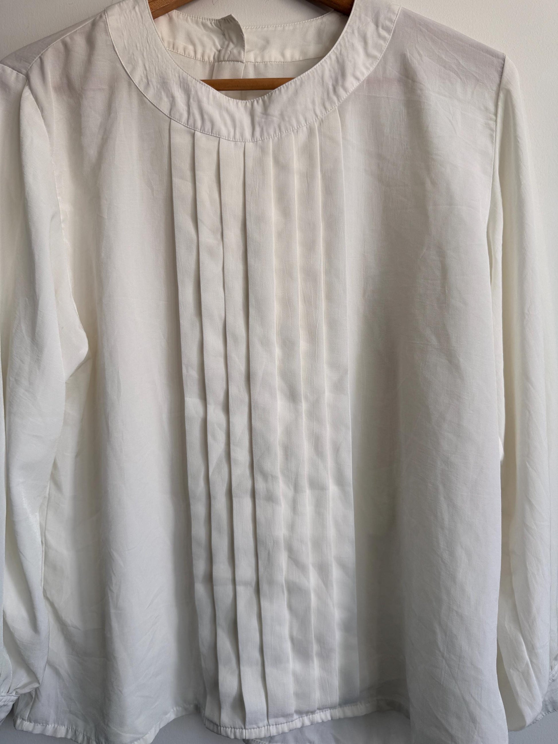 Vintage Cream Pleated Blouse | Minimalist Long Sleeve Ivory Top | Back Button Fastening