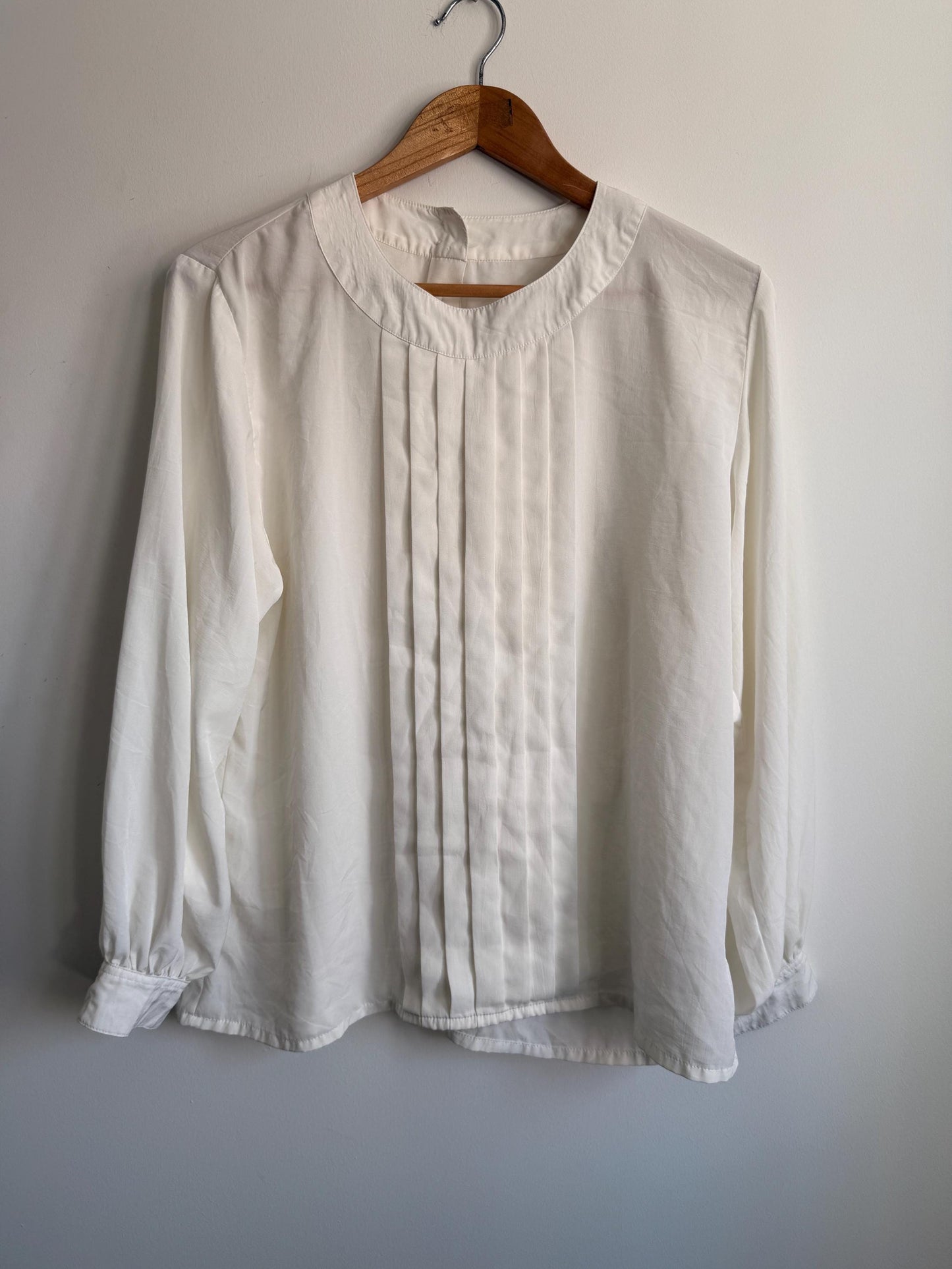 Vintage Cream Pleated Blouse | Minimalist Long Sleeve Ivory Top | Back Button Fastening