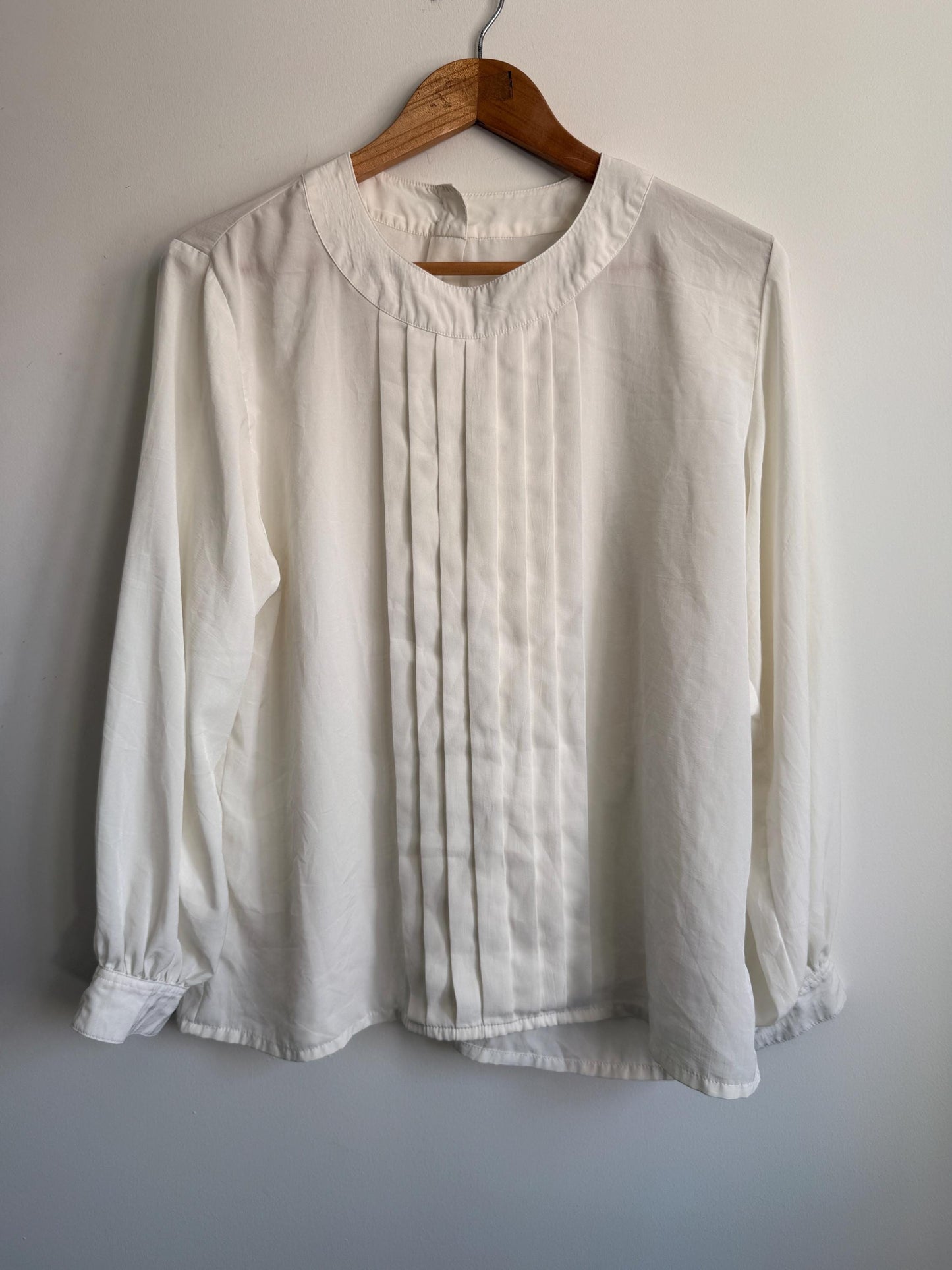 Vintage Cream Pleated Blouse | Minimalist Long Sleeve Ivory Top | Back Button Fastening