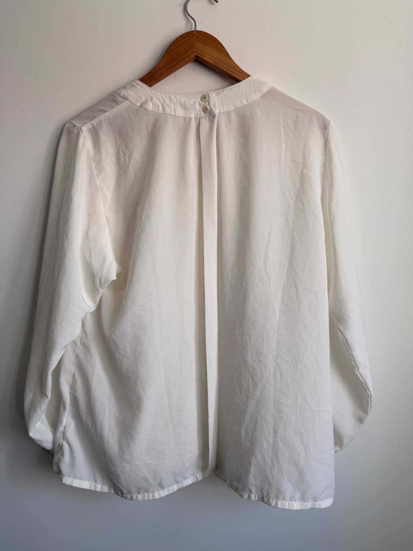Vintage Cream Pleated Blouse | Minimalist Long Sleeve Ivory Top | Back Button Fastening