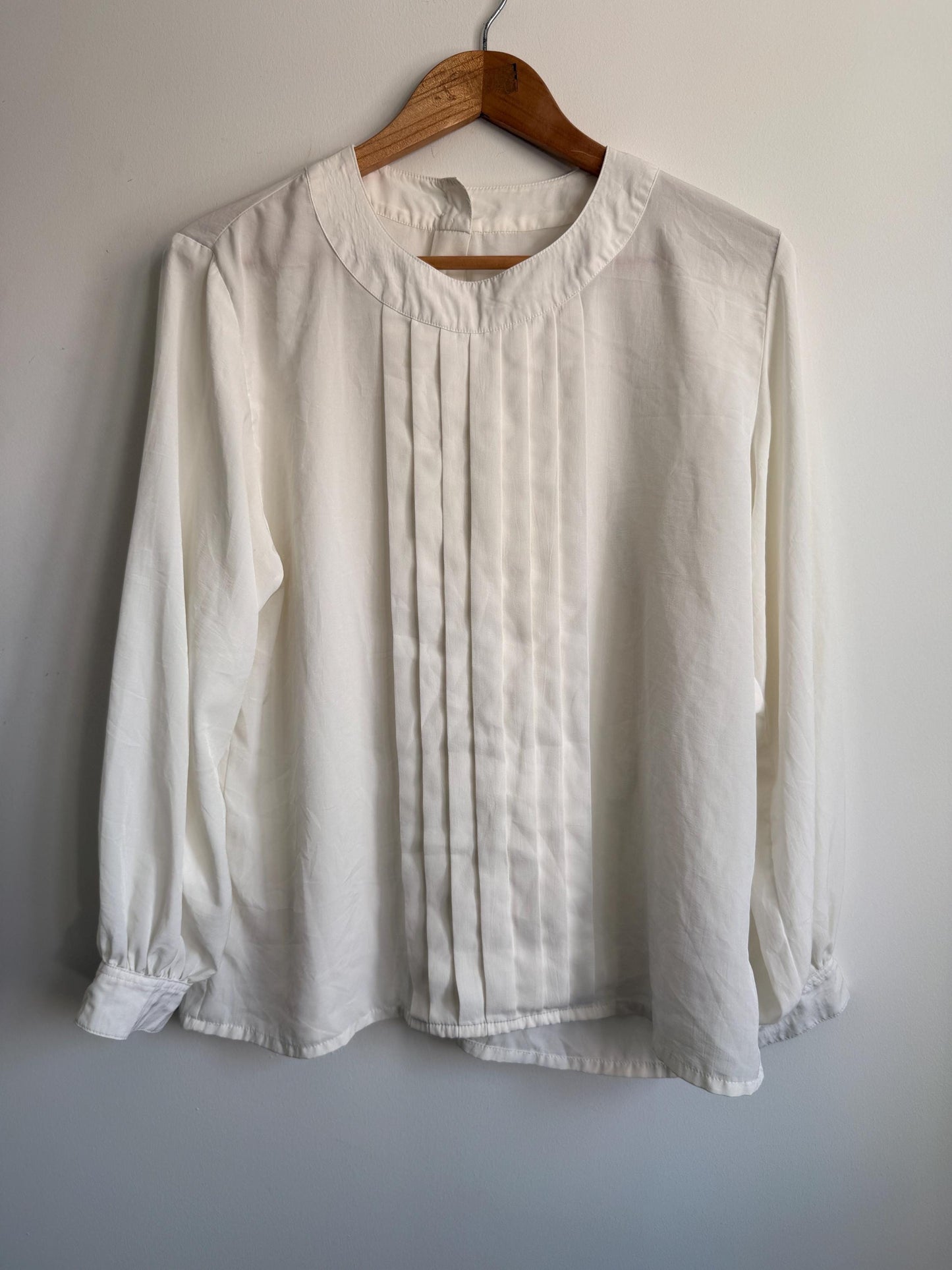 Vintage Cream Pleated Blouse | Minimalist Long Sleeve Ivory Top | Back Button Fastening