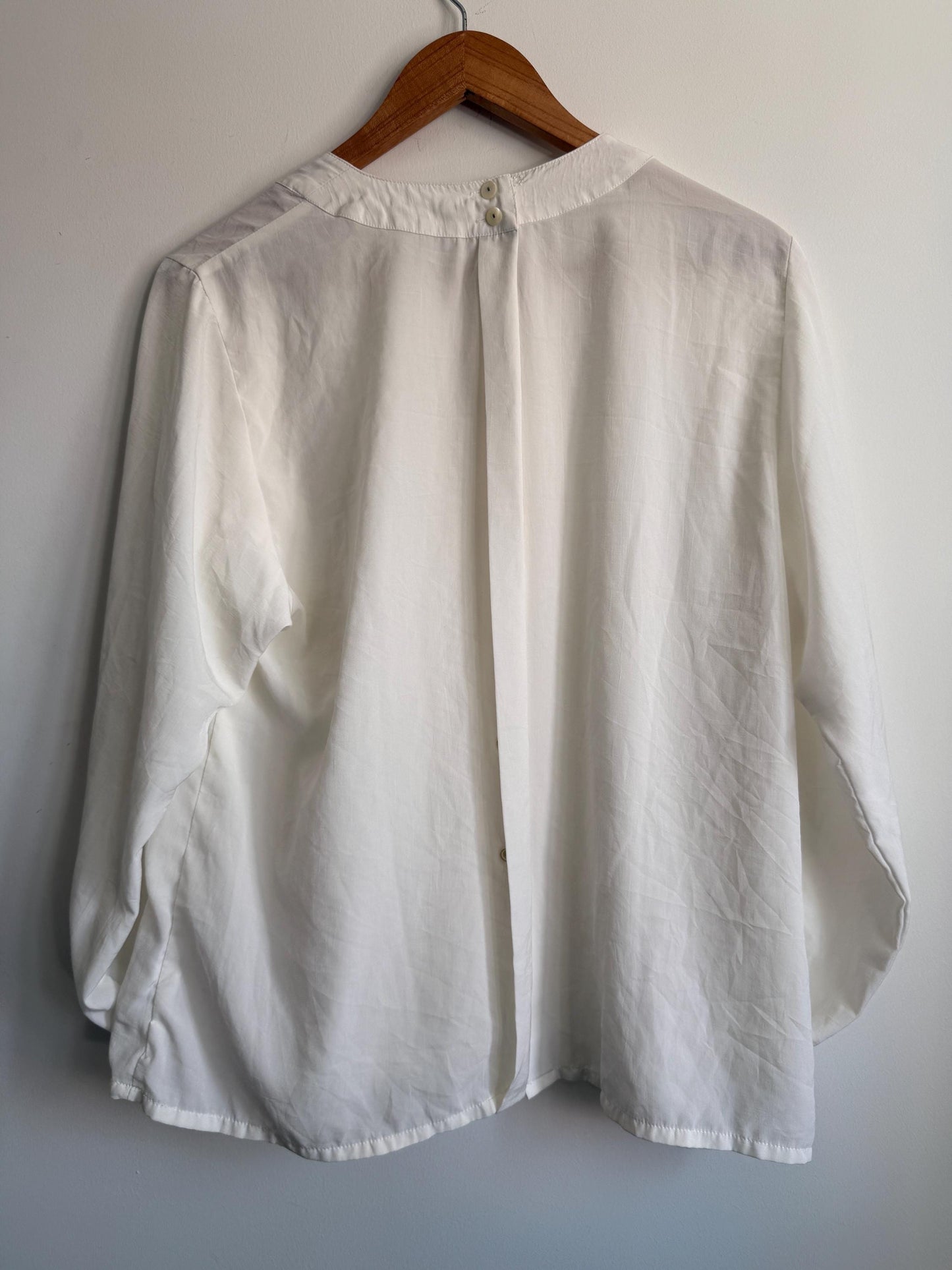 Vintage Cream Pleated Blouse | Minimalist Long Sleeve Ivory Top | Back Button Fastening