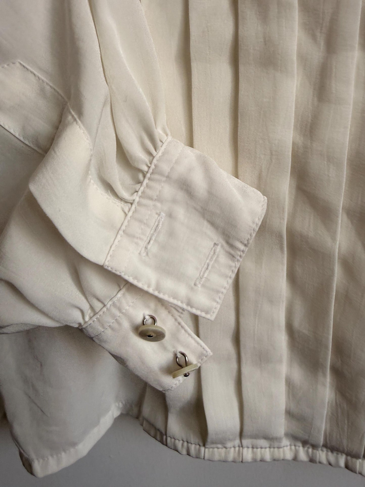 Vintage Cream Pleated Blouse | Minimalist Long Sleeve Ivory Top | Back Button Fastening