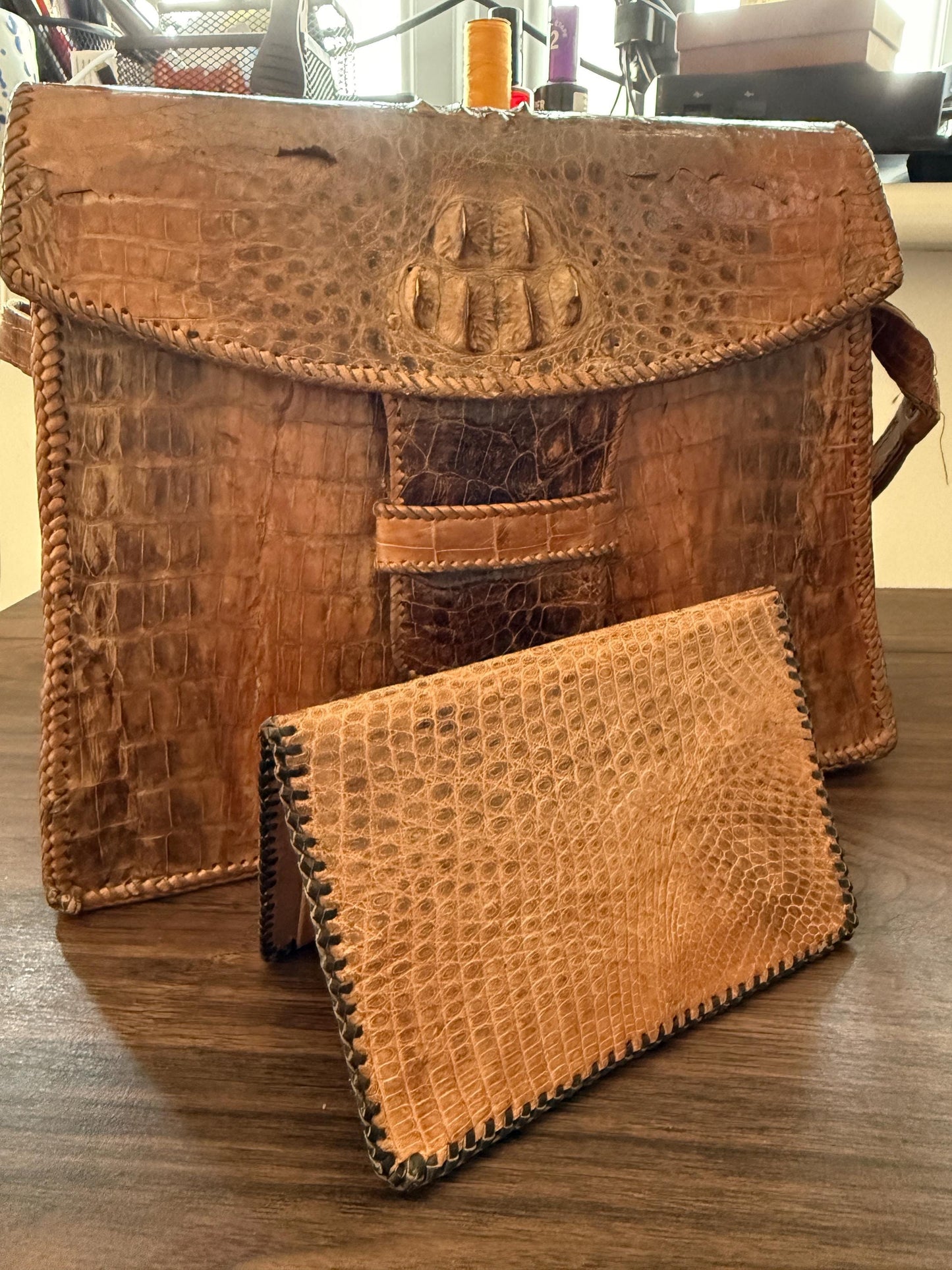 Vintage Crocodile Leather Handbag & Matching Wallet | Hand-Laced Brown Exotic Leather Shoulder Bag | 1950s 1960s