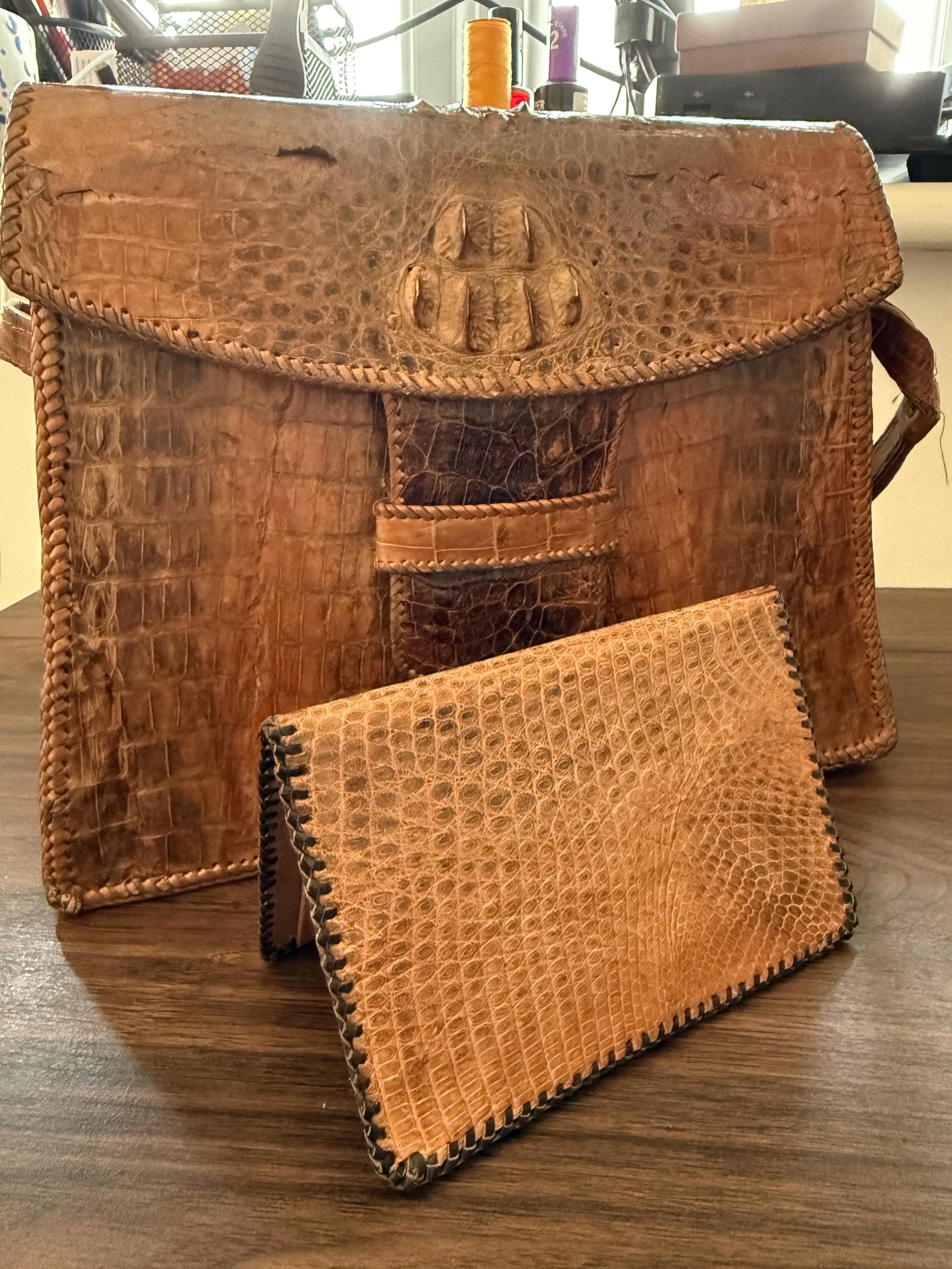 Vintage Crocodile Leather Handbag & Matching Wallet | Hand-Laced Brown Exotic Leather Shoulder Bag | 1950s 1960s