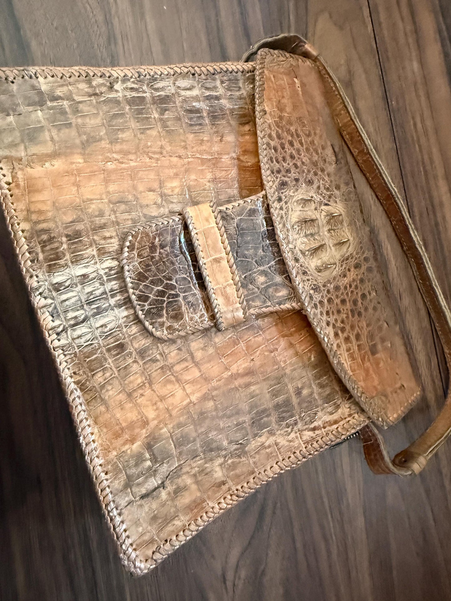 Vintage Crocodile Leather Handbag & Matching Wallet | Hand-Laced Brown Exotic Leather Shoulder Bag | 1950s 1960s