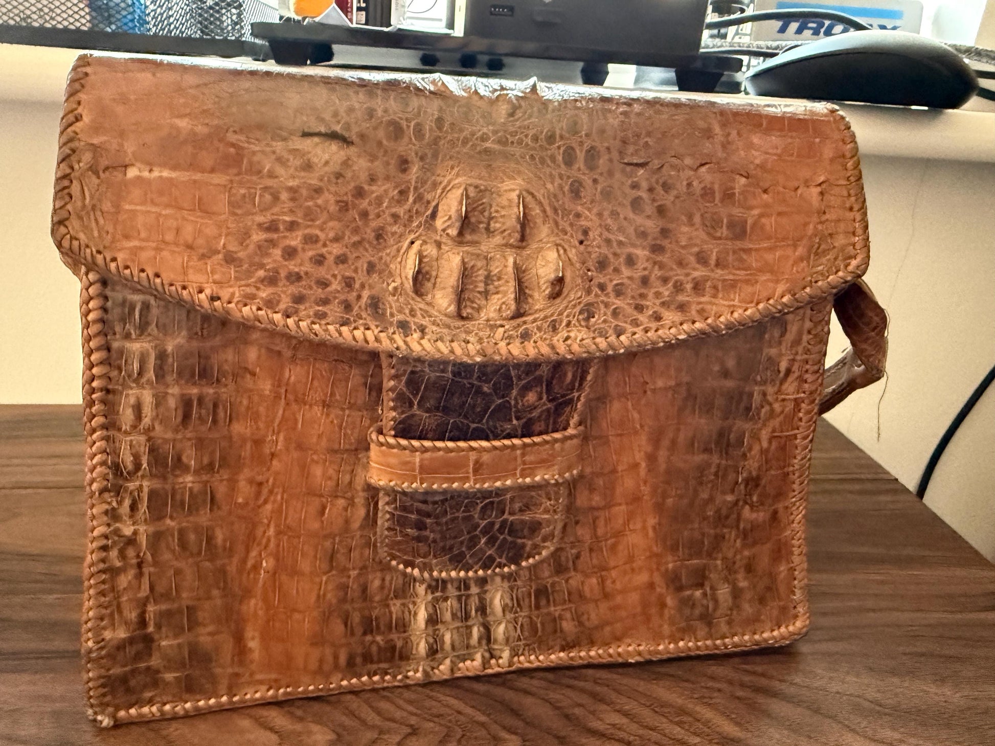 Vintage Crocodile Leather Handbag & Matching Wallet | Hand-Laced Brown Exotic Leather Shoulder Bag | 1950s 1960s