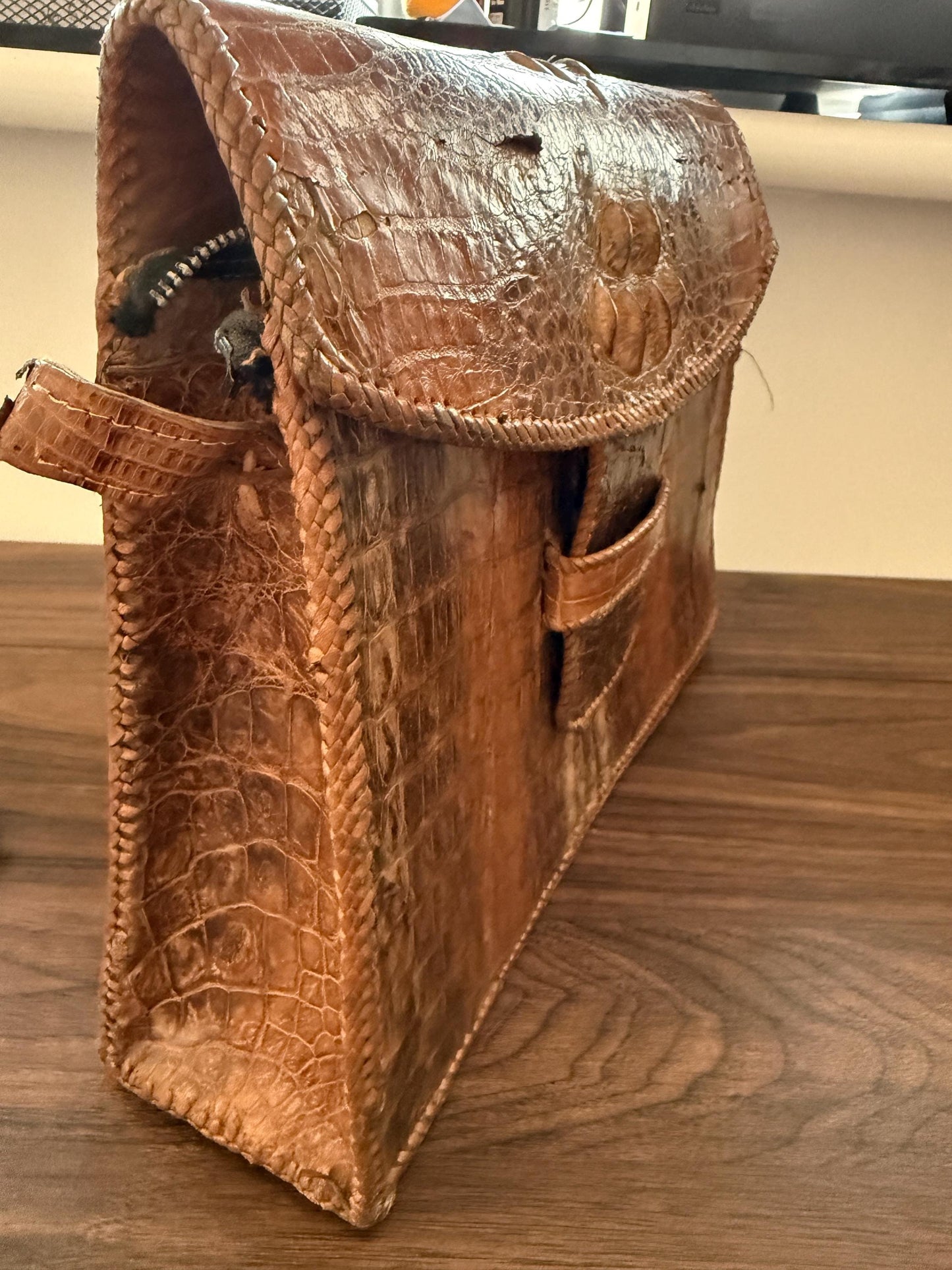 Vintage Crocodile Leather Handbag & Matching Wallet | Hand-Laced Brown Exotic Leather Shoulder Bag | 1950s 1960s