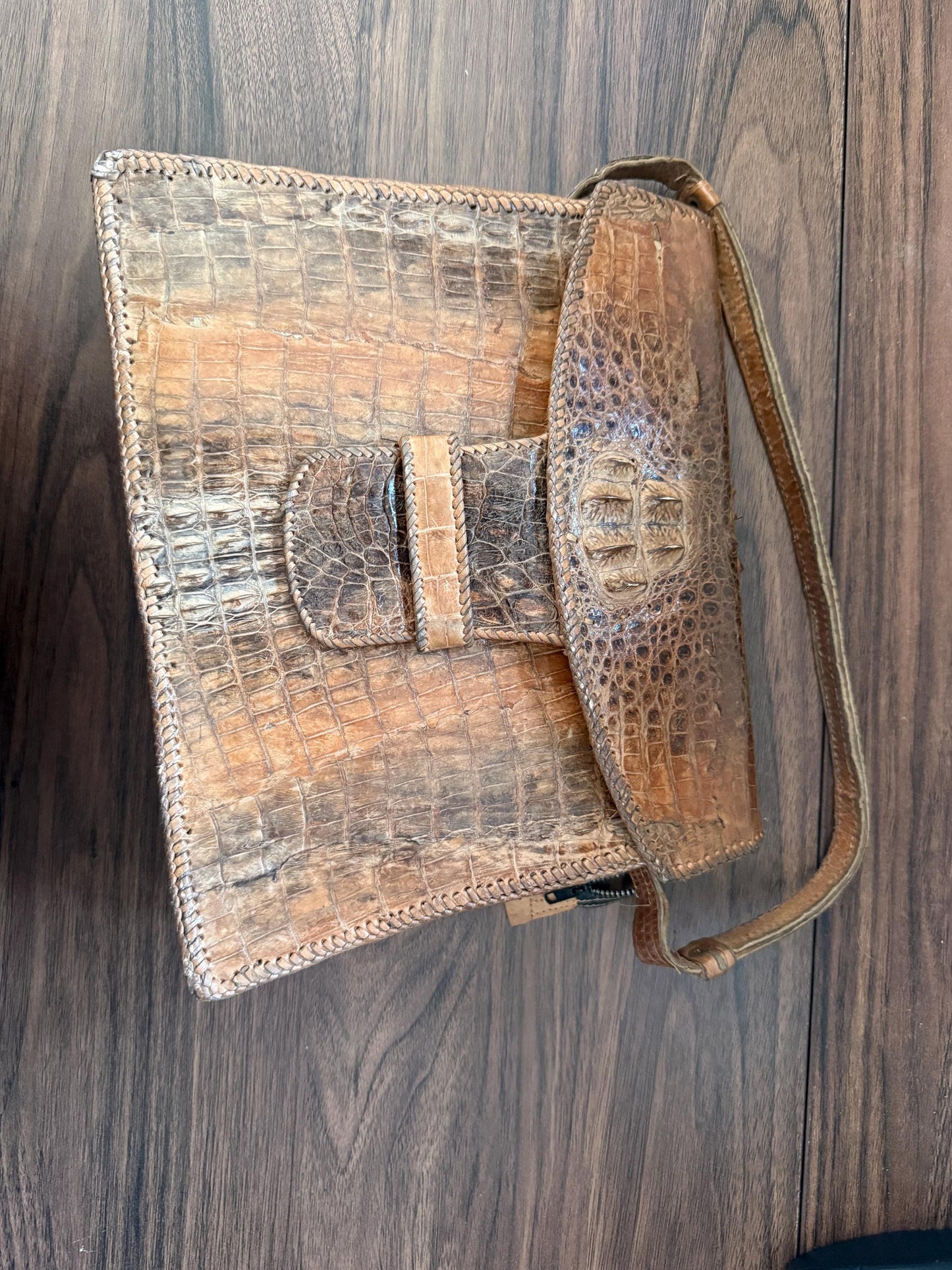 Vintage Crocodile Leather Handbag & Matching Wallet | Hand-Laced Brown Exotic Leather Shoulder Bag | 1950s 1960s
